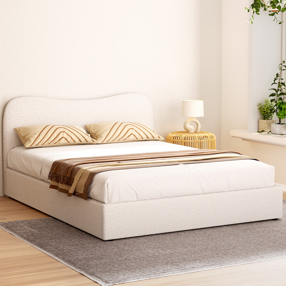 Quincy (Queen) Bouclé Bed Frame | Fabric - White/Beige - Homecoze