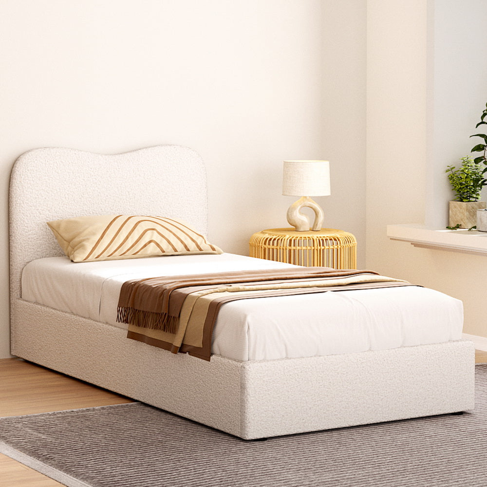 Quincy (Single) Bouclé Bed Frame | Fabric - White/Beige - Homecoze