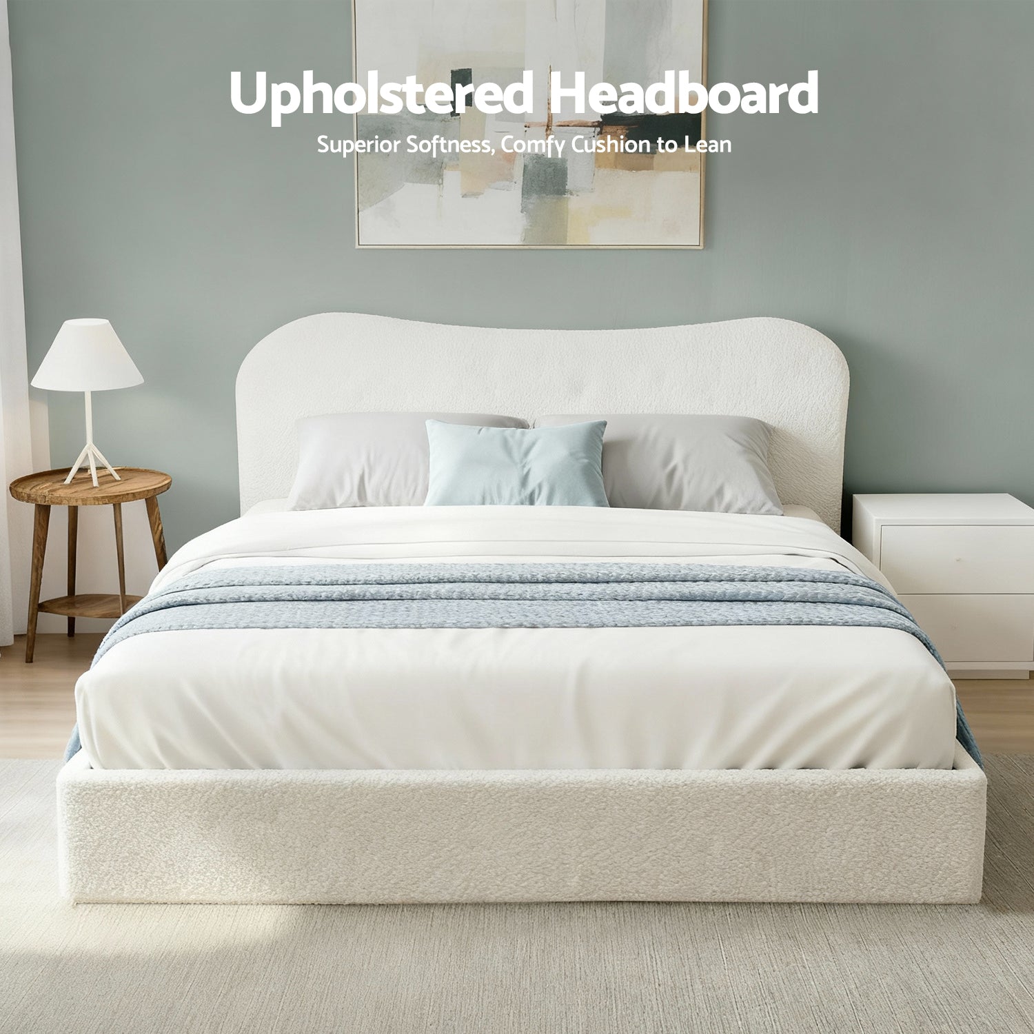 Artiss Double Bed Frame with Gaslift Storage Wooden Platform Mattress Base Boucle Upholstered White - Homecoze