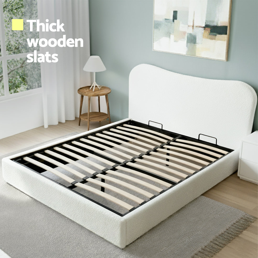 Artiss Double Bed Frame with Gaslift Storage Wooden Platform Mattress Base Boucle Upholstered White - Homecoze