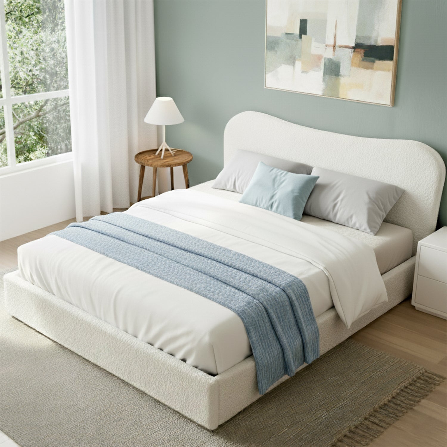 Artiss Queen Bed Frame with Gaslift Storage Wooden Platform Mattress Base Boucle Upholstered White - Homecoze