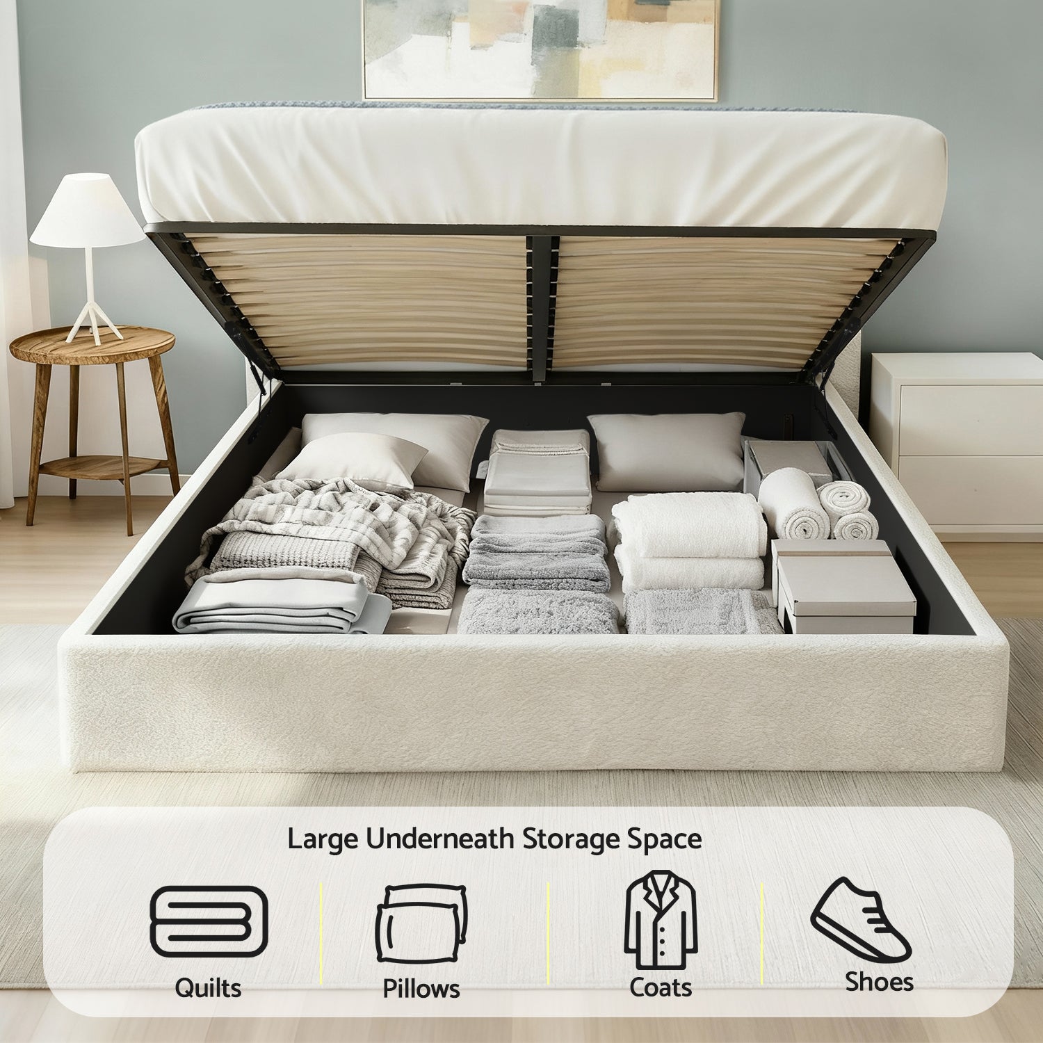 Artiss Queen Bed Frame with Gaslift Storage Wooden Platform Mattress Base Boucle Upholstered White - Homecoze