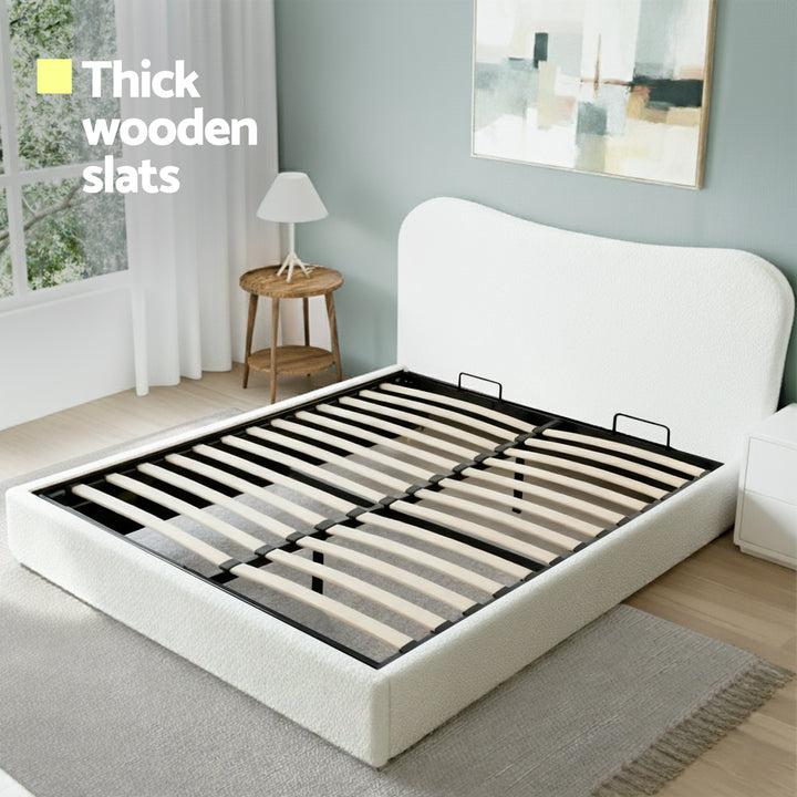 Artiss Queen Bed Frame with Gaslift Storage Wooden Platform Mattress Base Boucle Upholstered White - Homecoze