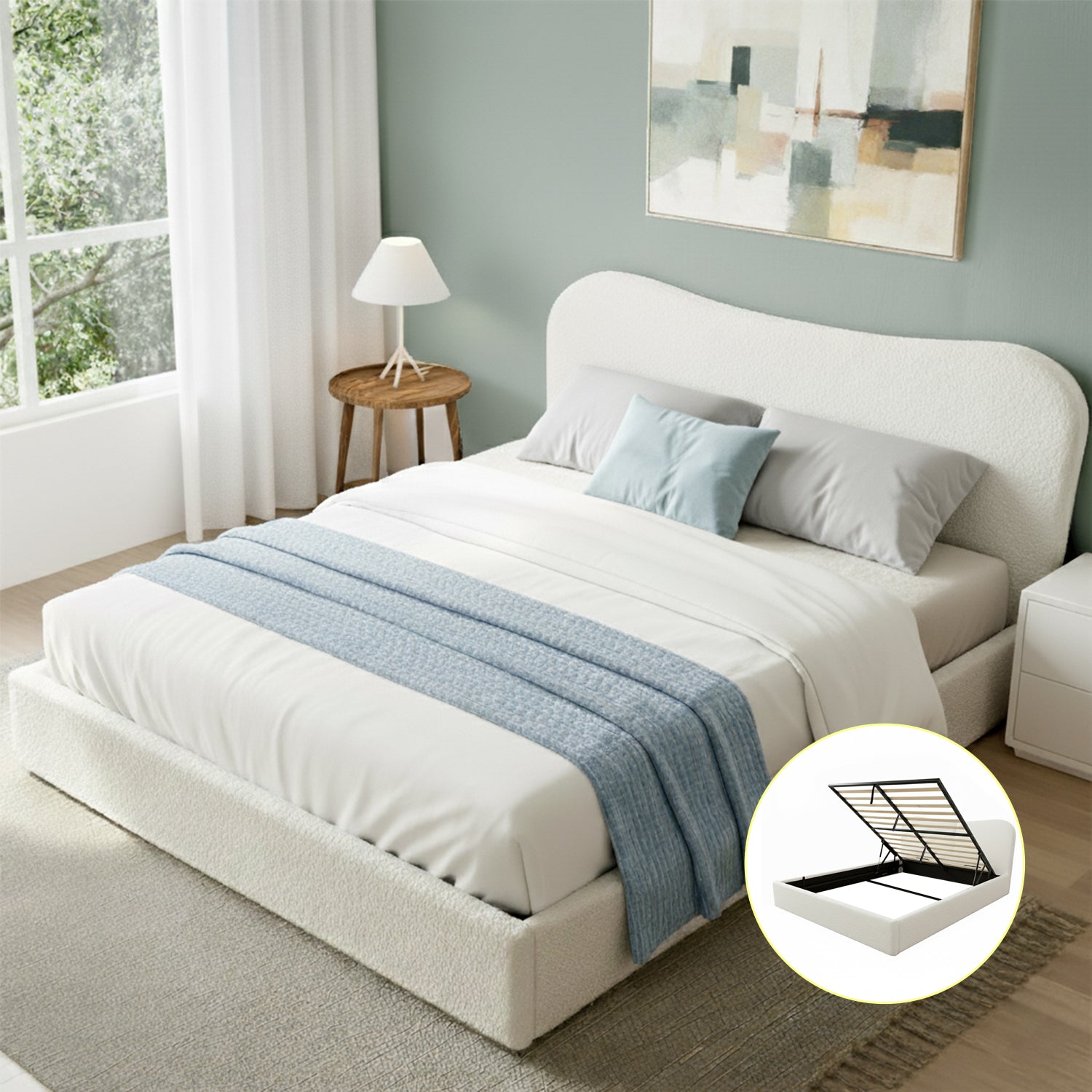Artiss Queen Bed Frame with Gaslift Storage Wooden Platform Mattress Base Boucle Upholstered White - Homecoze