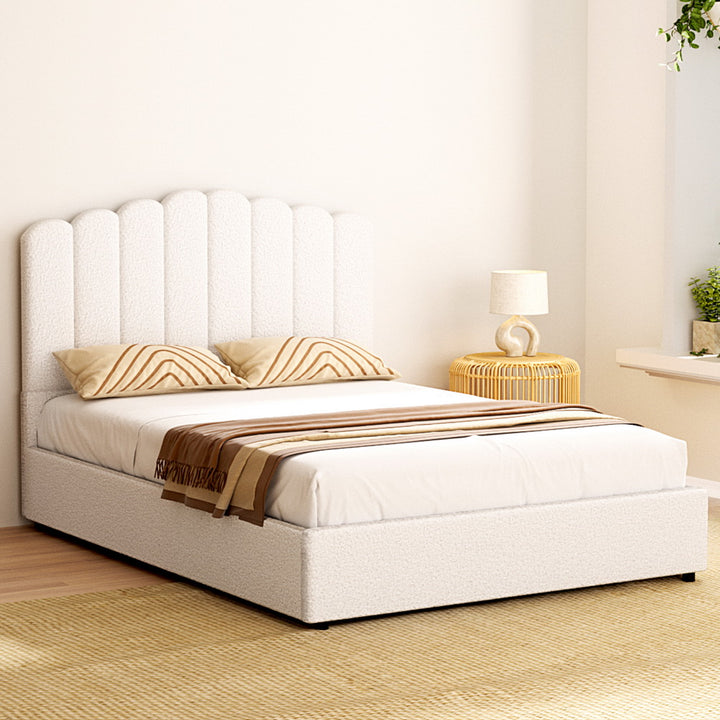 Ithaca (Double) Bouclé Storage Bed Frame | White/Beige