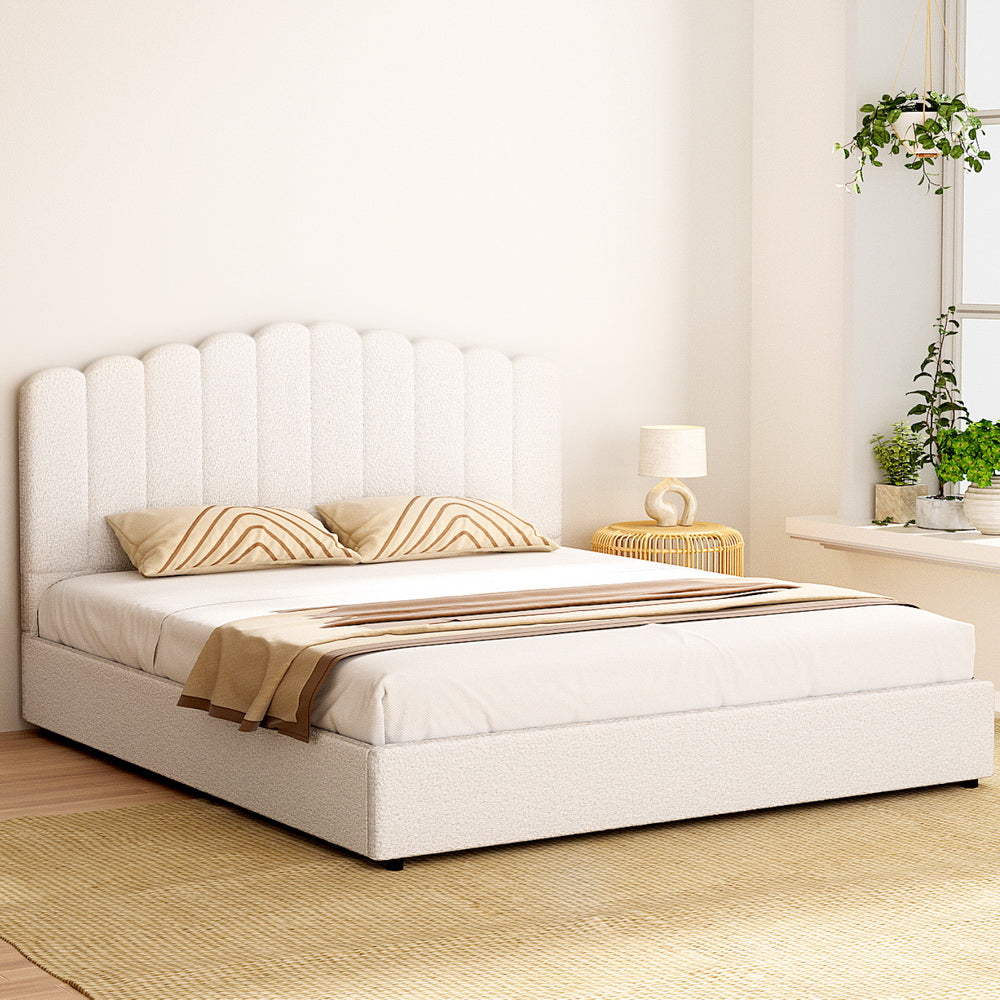Ithaca (King) Bouclé Storage Bed Frame | White/Beige - Homecoze
