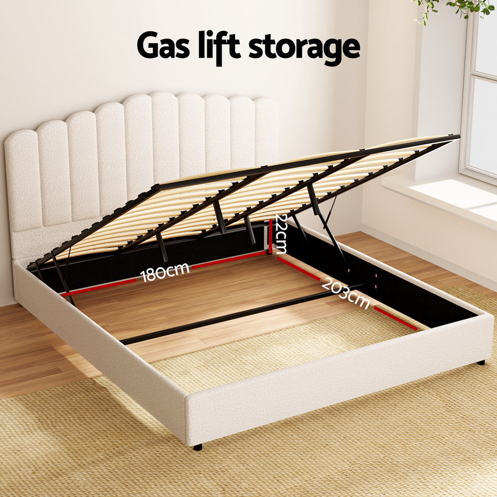 Ithaca (King) Bouclé Storage Bed Frame | White/Beige - Homecoze