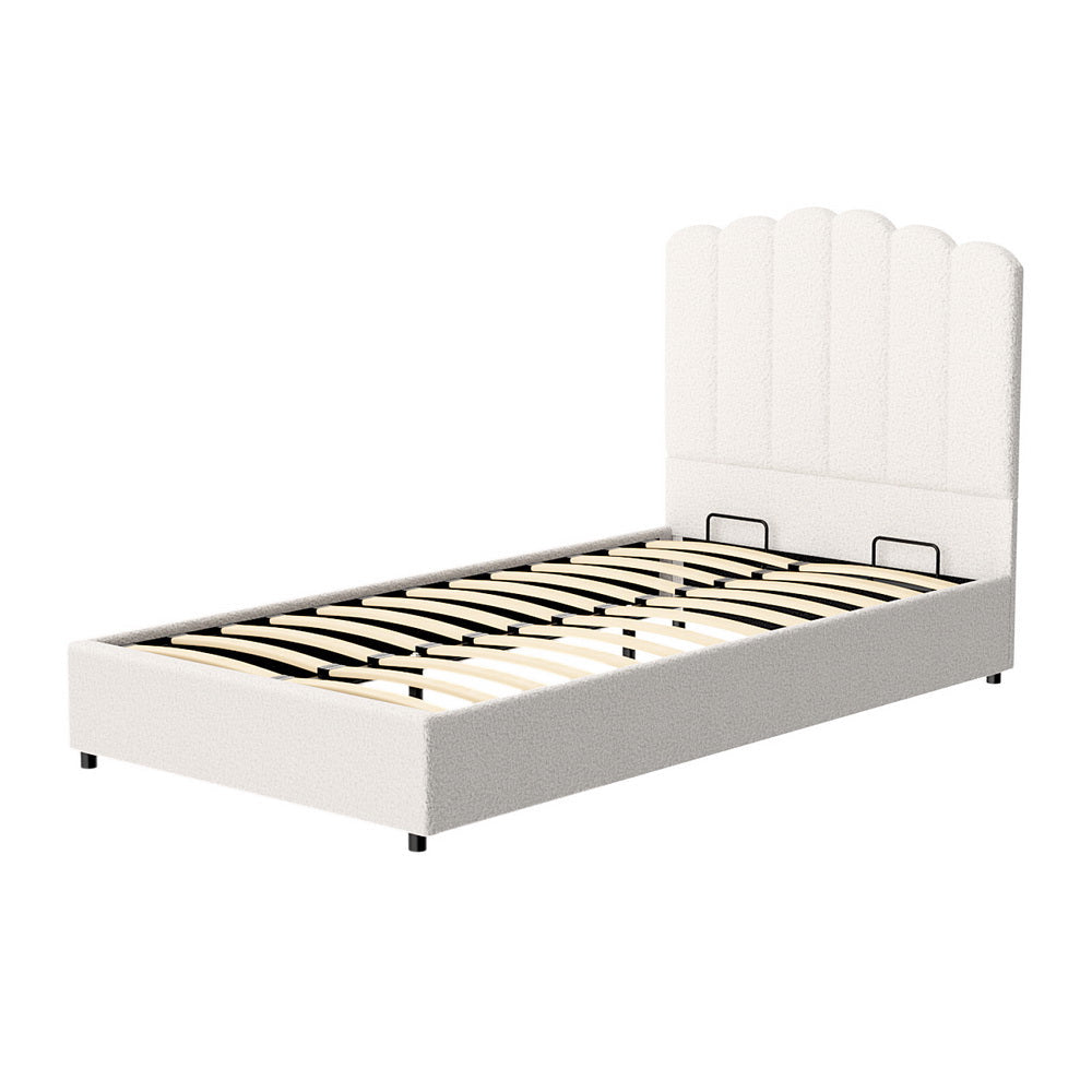Ithaca (King Single) Bouclé Storage Bed Frame | White/Beige - Homecoze