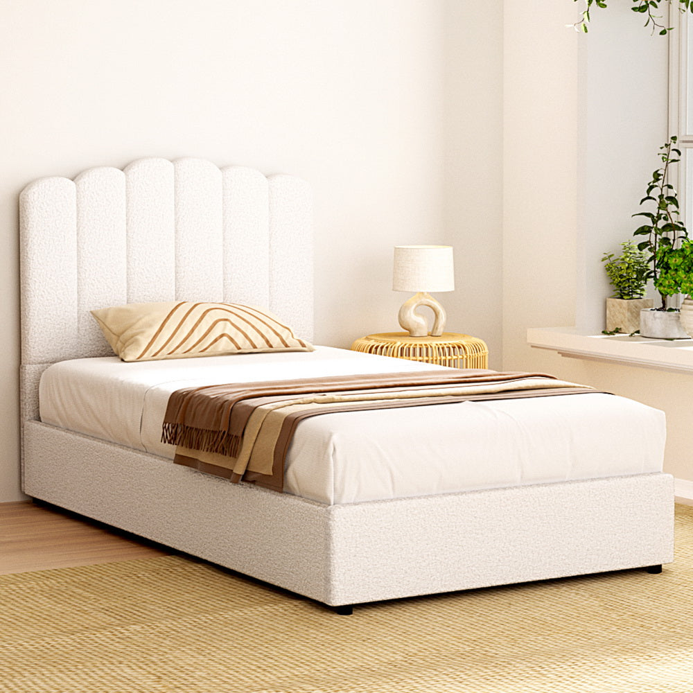 Ithaca (King Single) Bouclé Storage Bed Frame | White/Beige - Homecoze