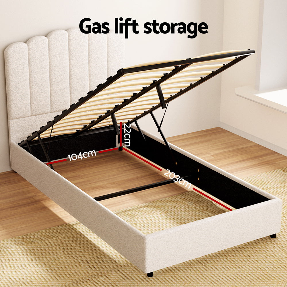 Ithaca (King Single) Bouclé Storage Bed Frame | White/Beige - Homecoze