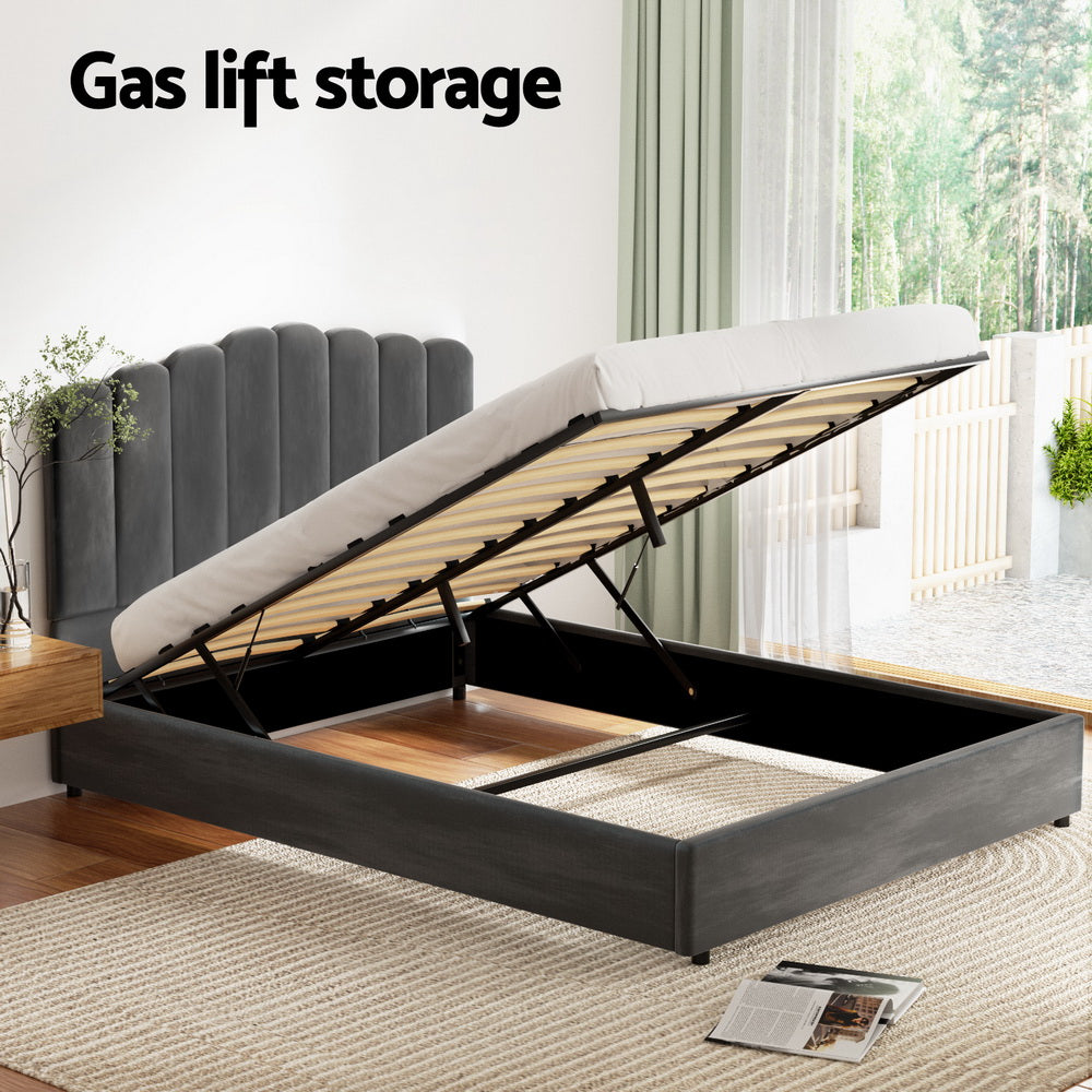 Lexington (Queen) Velvet Storage Bed Frame - Grey - Homecoze