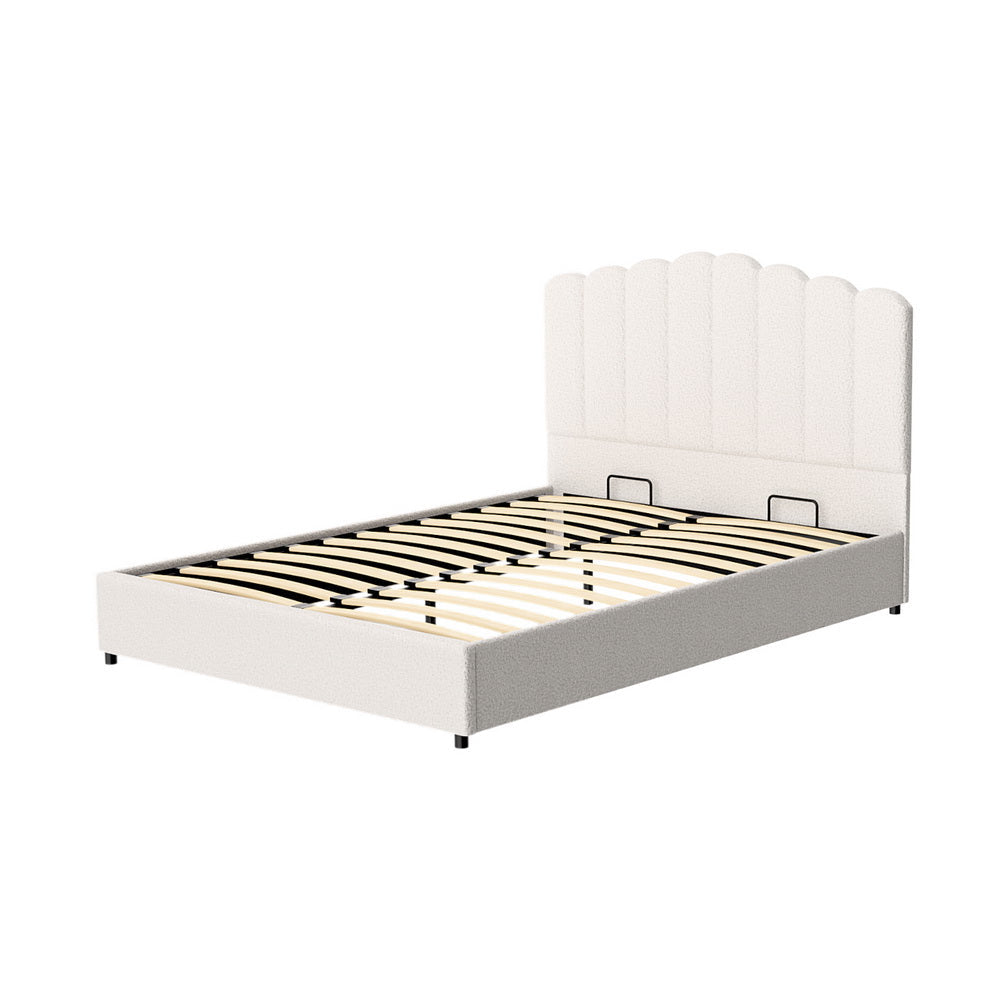 Ithaca (Queen) Bouclé Storage Bed Frame | White/Beige - Homecoze