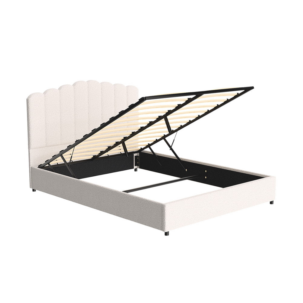 Ithaca (Queen) Bouclé Storage Bed Frame | White/Beige - Homecoze
