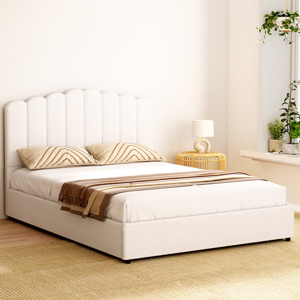 Ithaca (Queen) Bouclé Storage Bed Frame | White/Beige - Homecoze