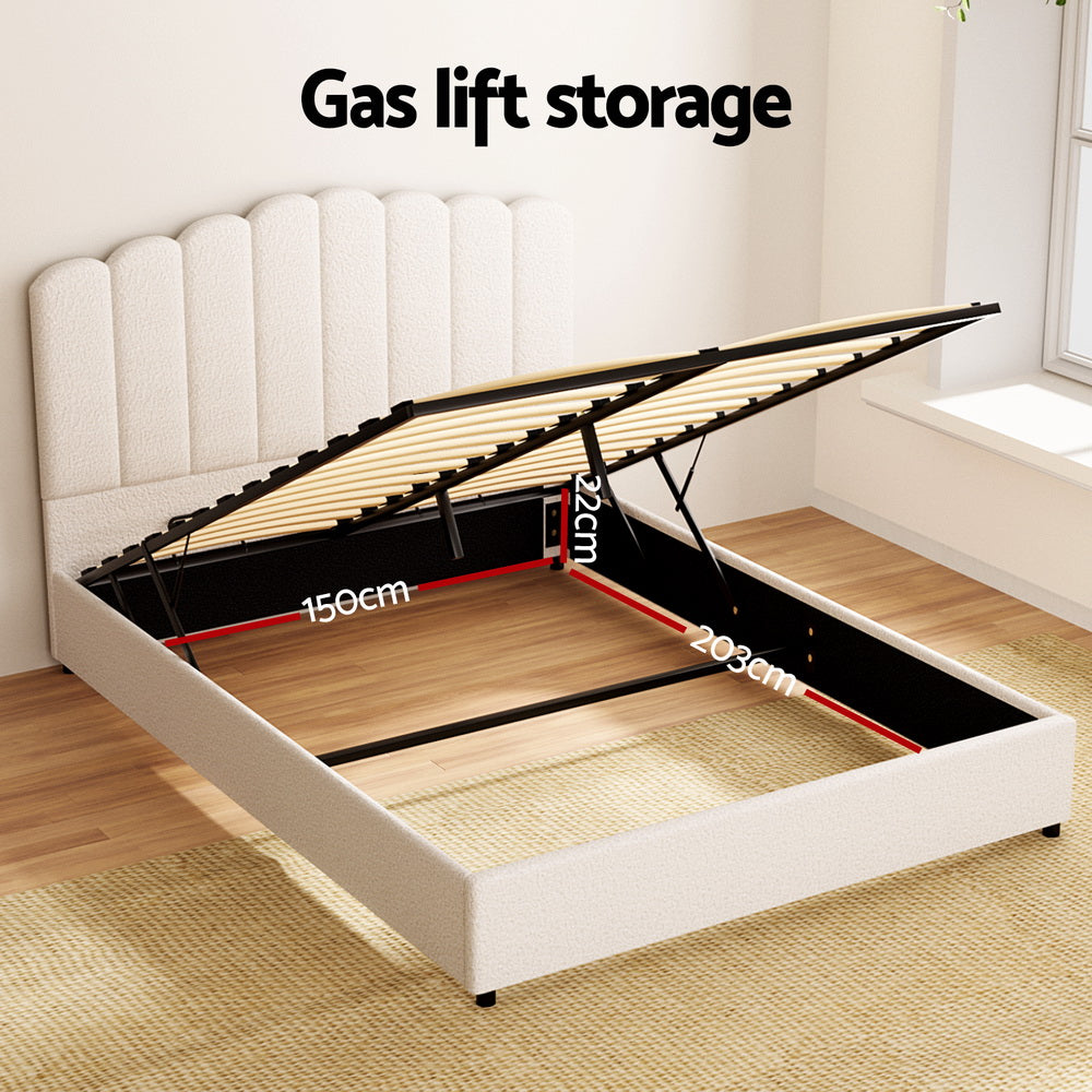 Ithaca (Queen) Bouclé Storage Bed Frame | White/Beige - Homecoze