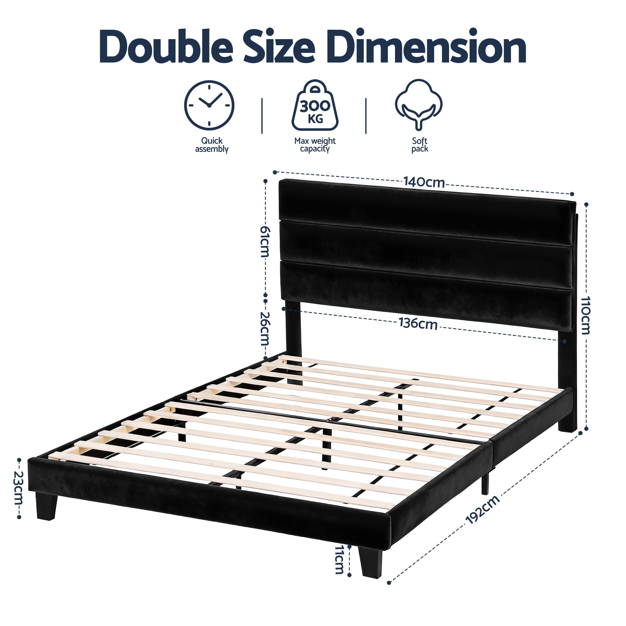 Artiss Double Bed Frame Upholstered Platform Base with Geometric Headboard Black Velvet - Homecoze