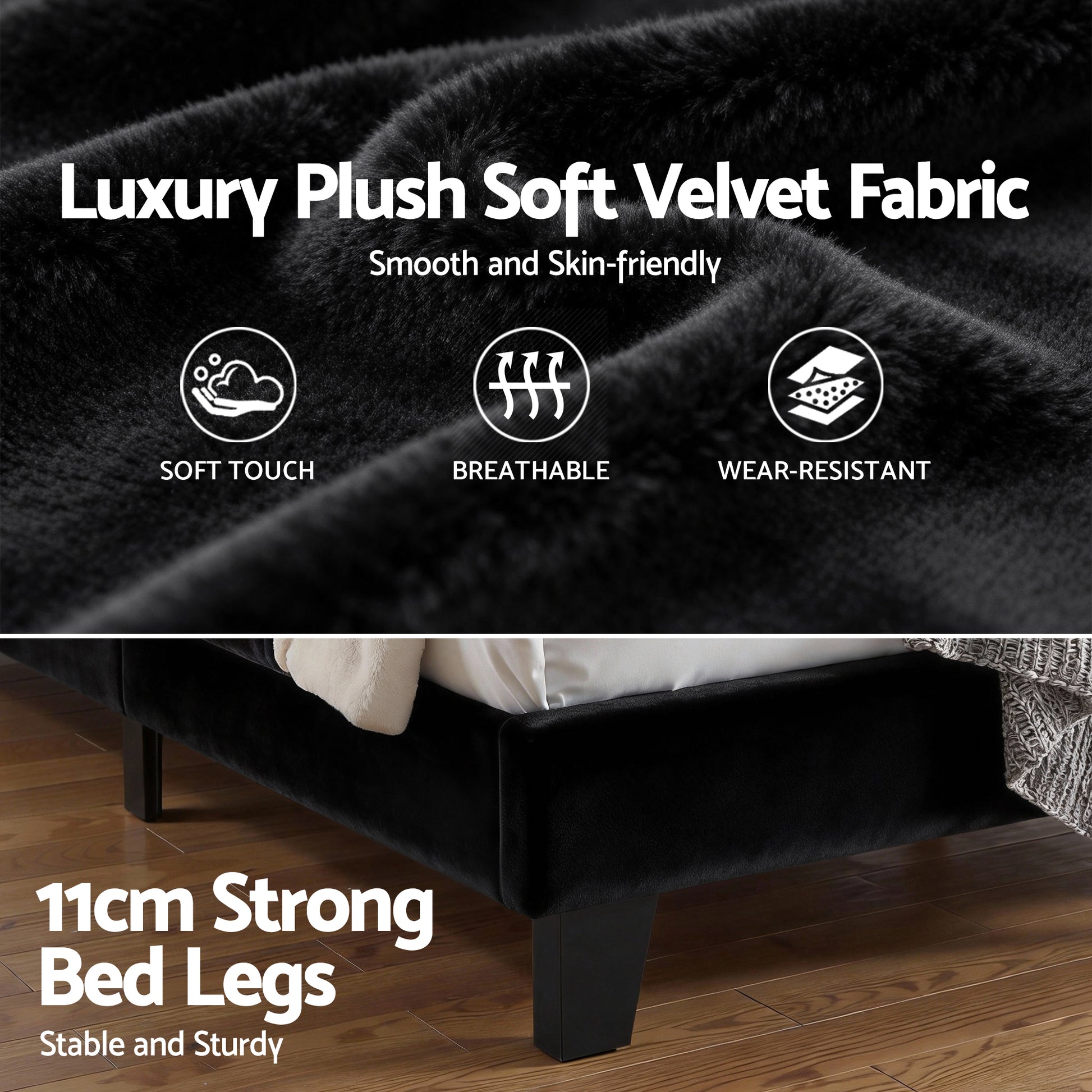 Artiss Double Bed Frame Upholstered Platform Base with Geometric Headboard Black Velvet - Homecoze