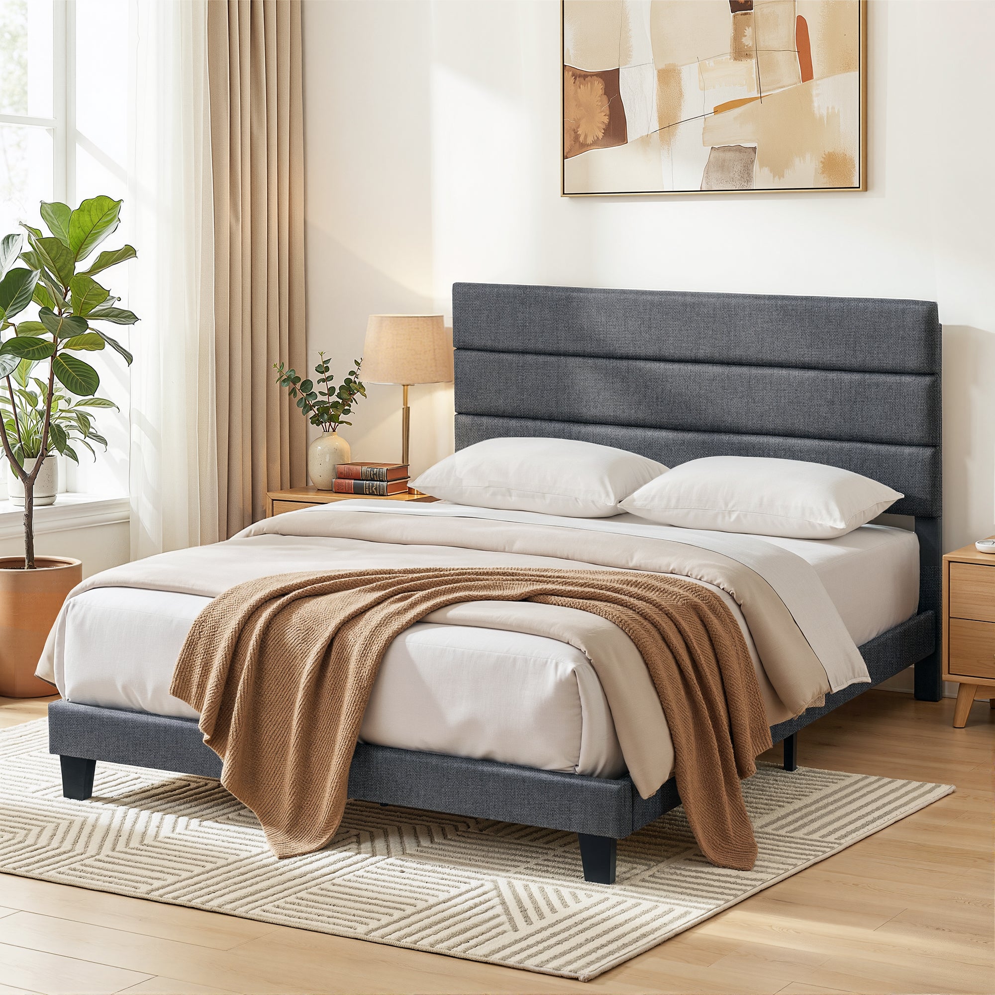 Artiss Double Bed Frame Upholstered Platform Base with Geometric Headboard Charcoal Grey Linen Wood Slats for Modern Bedroom Furniture Home Decor - Homecoze