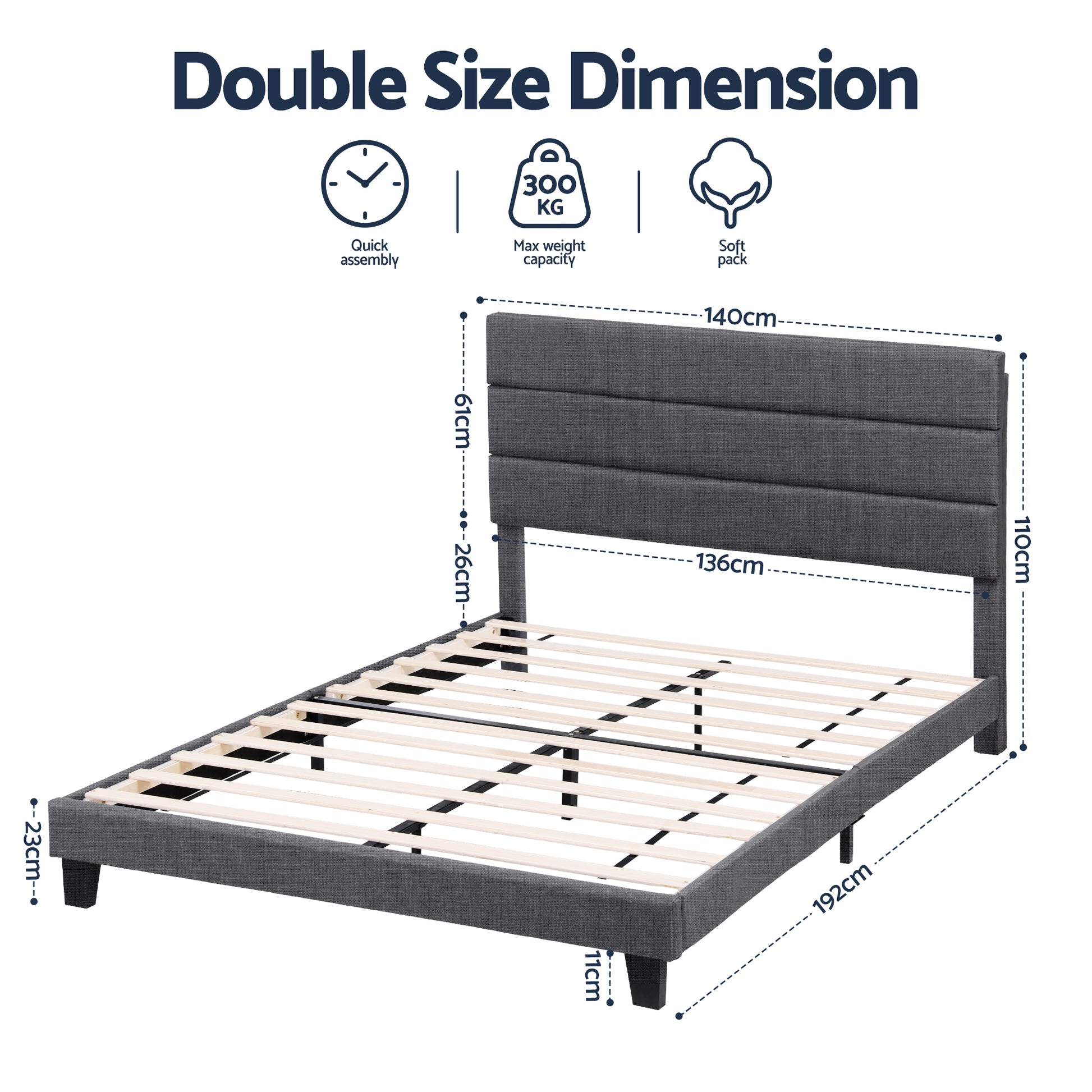 Artiss Double Bed Frame Upholstered Platform Base with Geometric Headboard Charcoal Grey Linen Wood Slats for Modern Bedroom Furniture Home Decor - Homecoze
