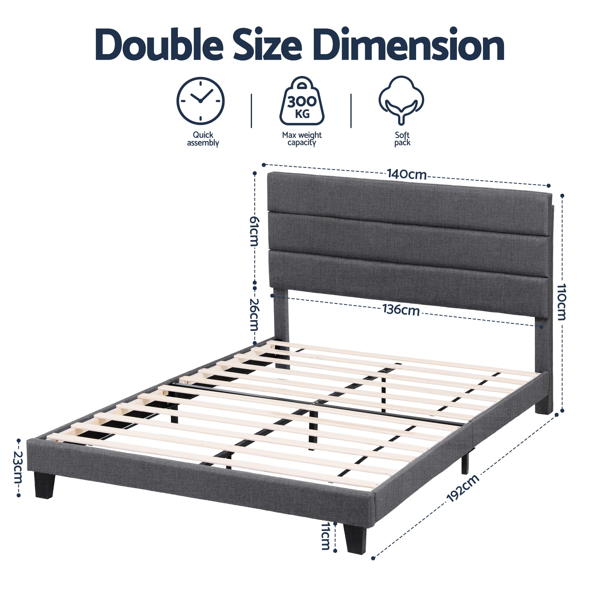Artiss Double Bed Frame Upholstered Platform Base with Geometric Headboard Charcoal Grey Linen Wood Slats for Modern Bedroom Furniture Home Decor - Homecoze