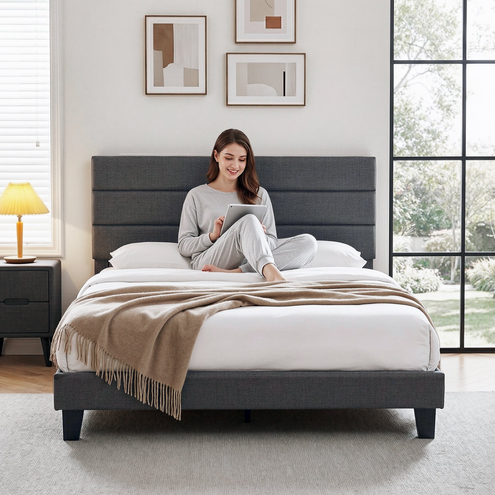 Artiss Double Bed Frame Upholstered Platform Base with Geometric Headboard Charcoal Grey Linen Wood Slats for Modern Bedroom Furniture Home Decor - Homecoze