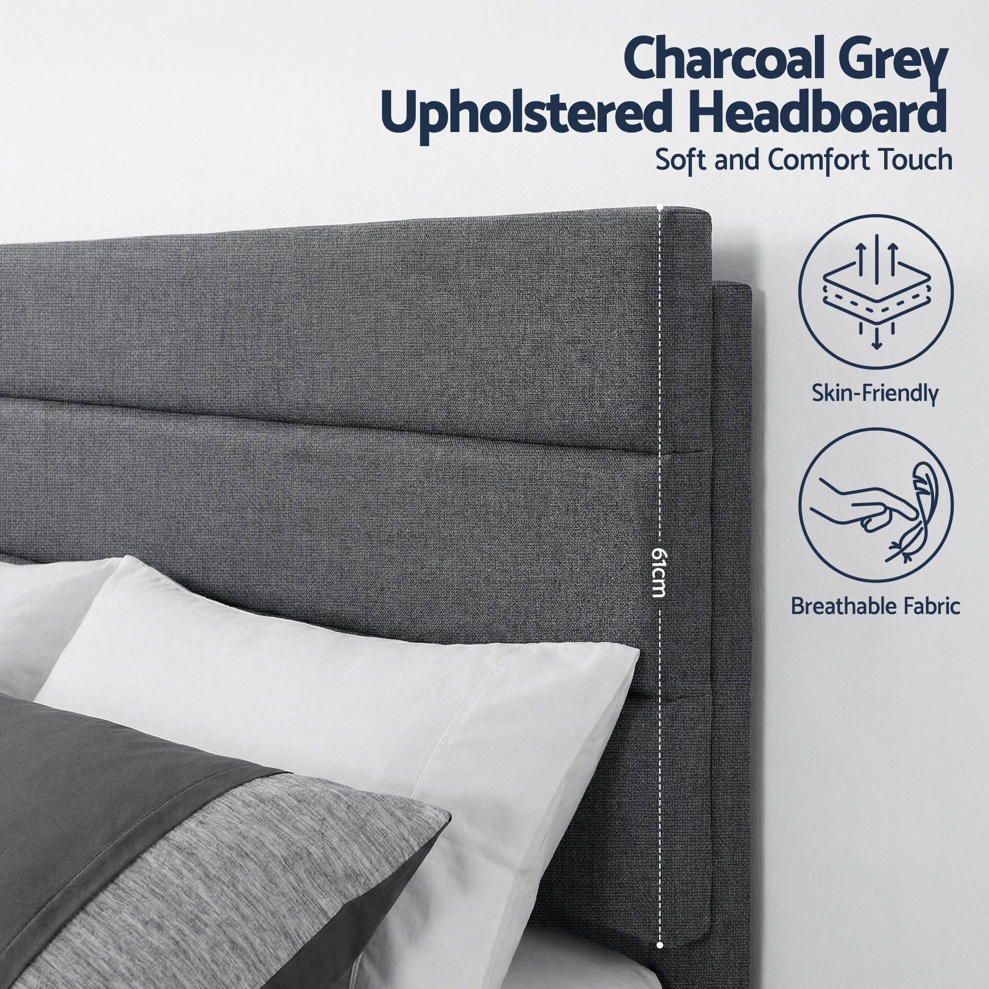 Artiss Double Bed Frame Upholstered Platform Base with Geometric Headboard Charcoal Grey Linen Wood Slats for Modern Bedroom Furniture Home Decor - Homecoze