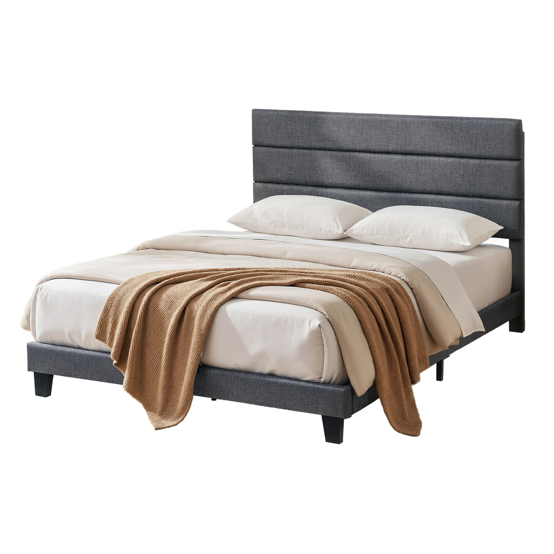 Artiss Double Bed Frame Upholstered Platform Base with Geometric Headboard Charcoal Grey Linen Wood Slats for Modern Bedroom Furniture Home Decor - Homecoze
