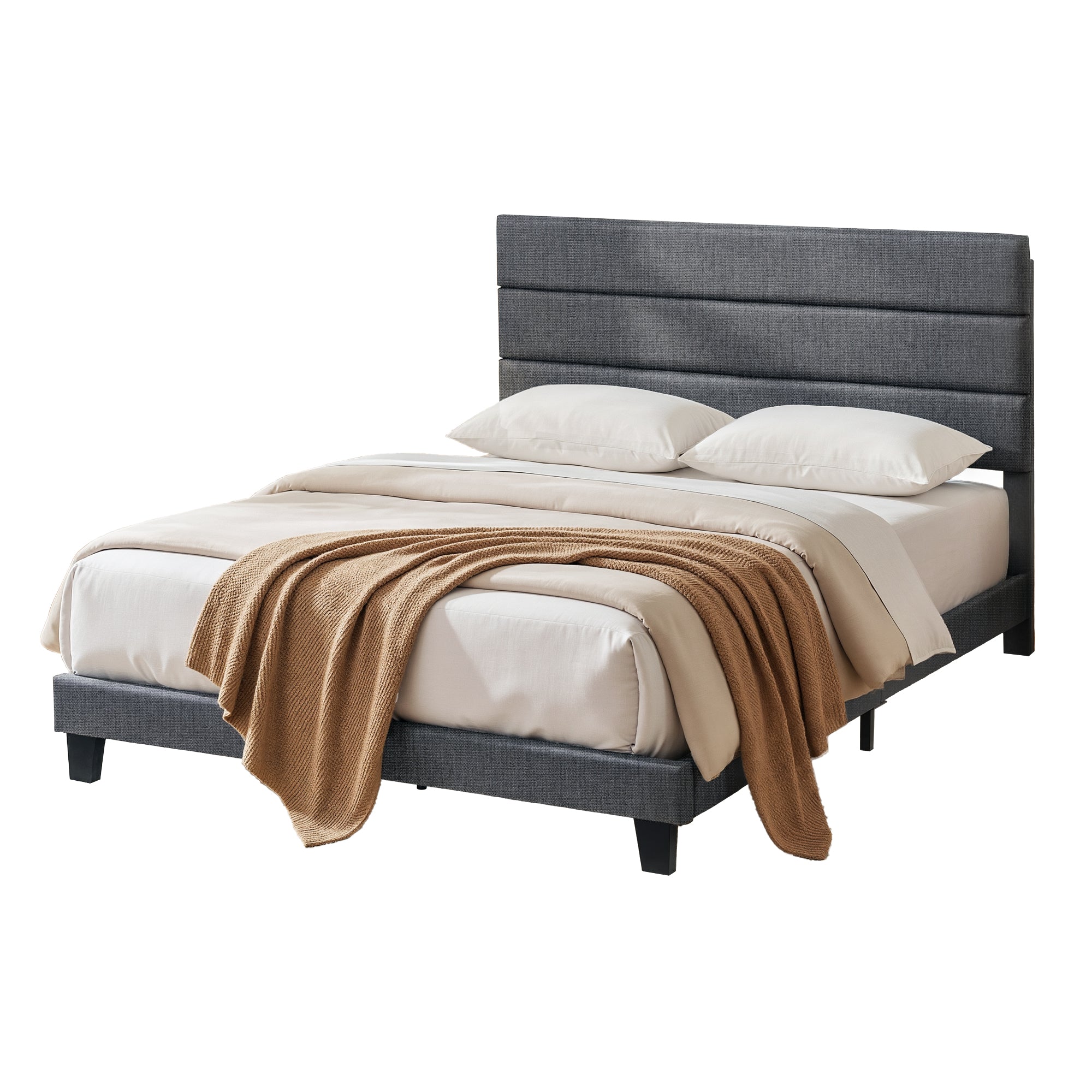 Artiss Double Bed Frame Upholstered Platform Base with Geometric Headboard Charcoal Grey Linen Wood Slats for Modern Bedroom Furniture Home Decor - Homecoze