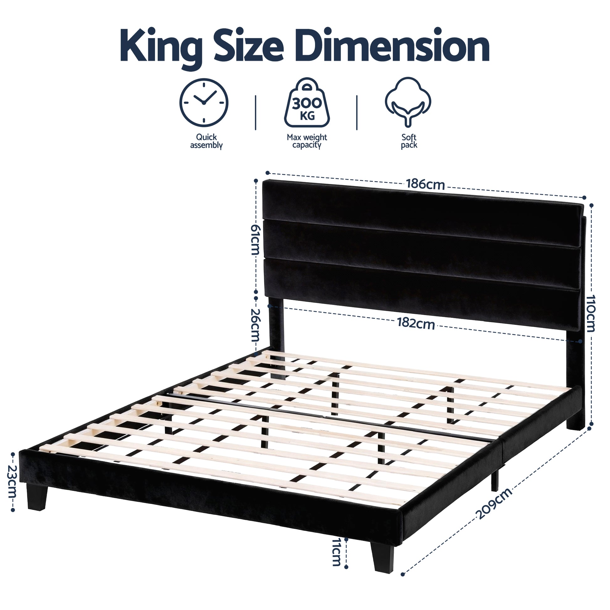 Artiss King Bed Frame Upholstered Platform Base with Geometric Headboard Black Velvet - Homecoze