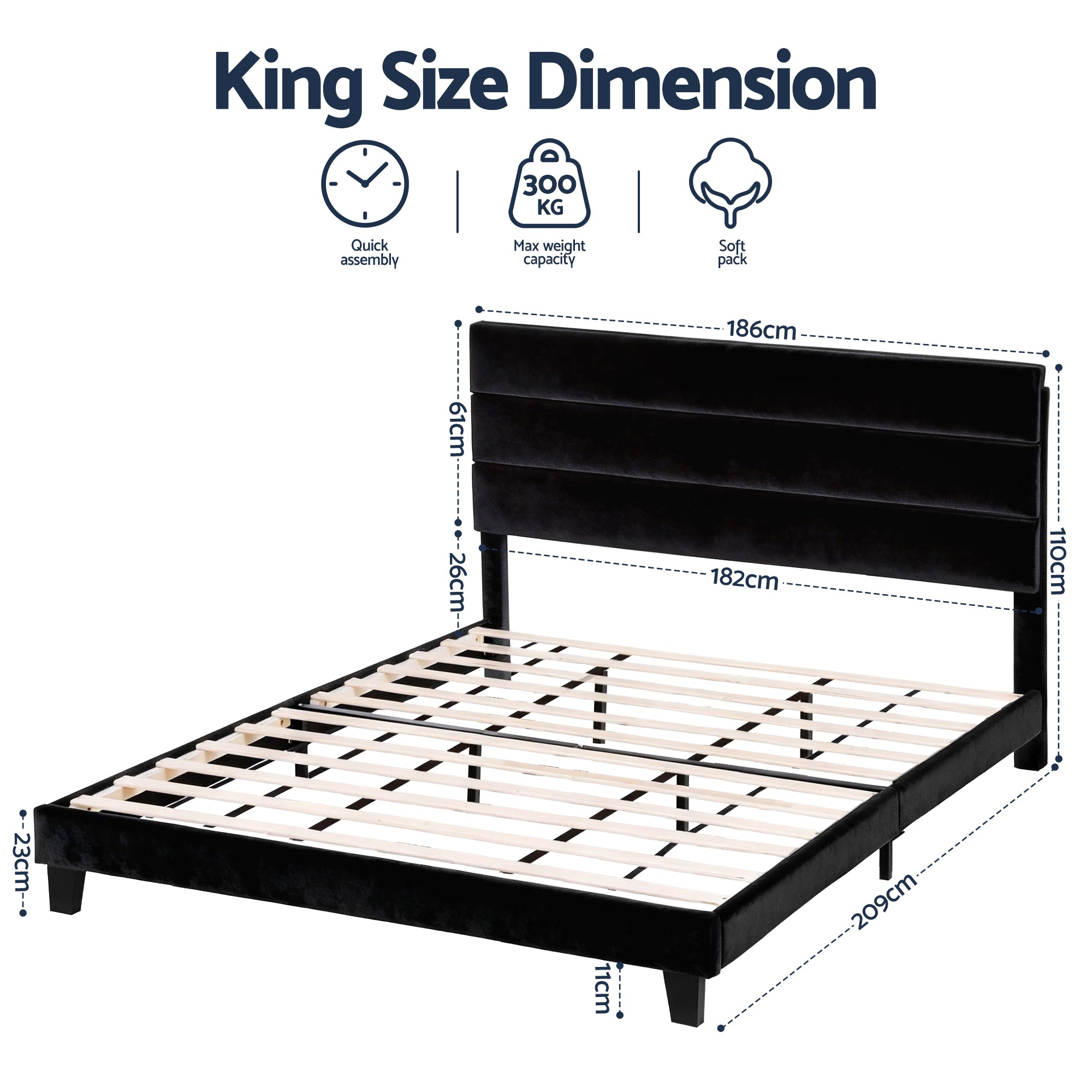 Artiss King Bed Frame Upholstered Platform Base with Geometric Headboard Black Velvet - Homecoze