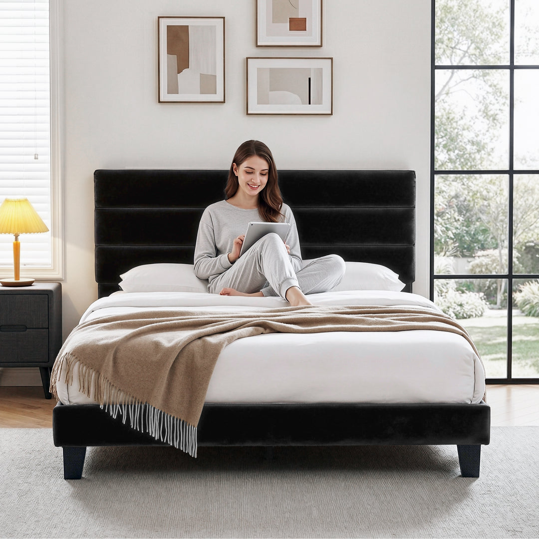 Artiss King Bed Frame Upholstered Platform Base with Geometric Headboard Black Velvet - Homecoze