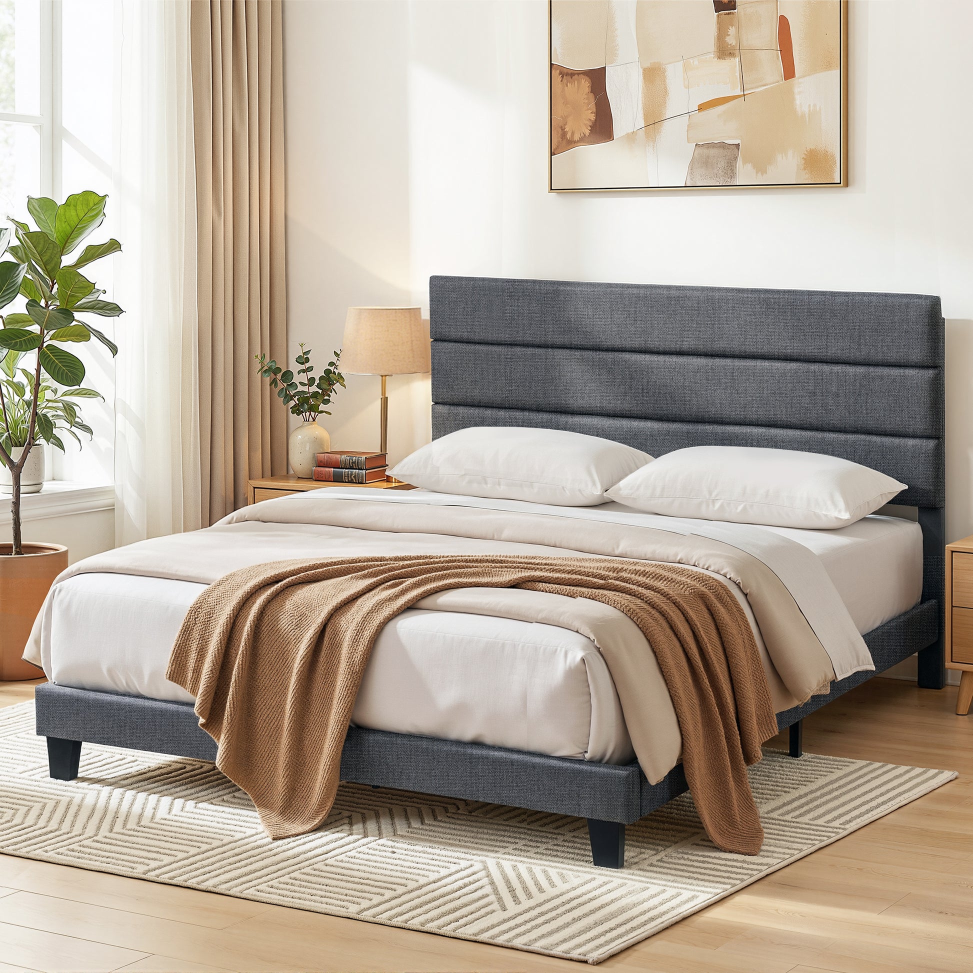 Artiss King Bed Frame Upholstered Platform Base with Geometric Headboard Charcoal Grey Linen Wood Slats for Modern Bedroom Furniture Home Decor - Homecoze