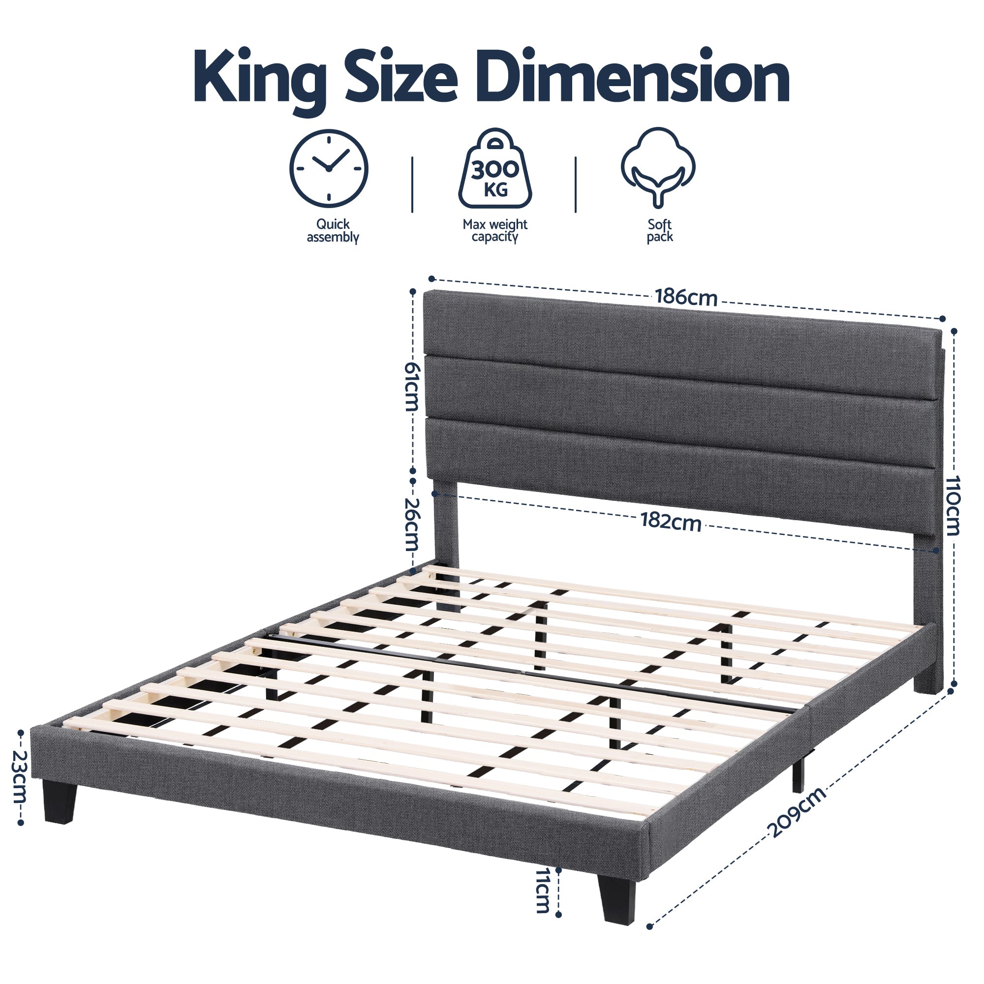 Artiss King Bed Frame Upholstered Platform Base with Geometric Headboard Charcoal Grey Linen Wood Slats for Modern Bedroom Furniture Home Decor - Homecoze