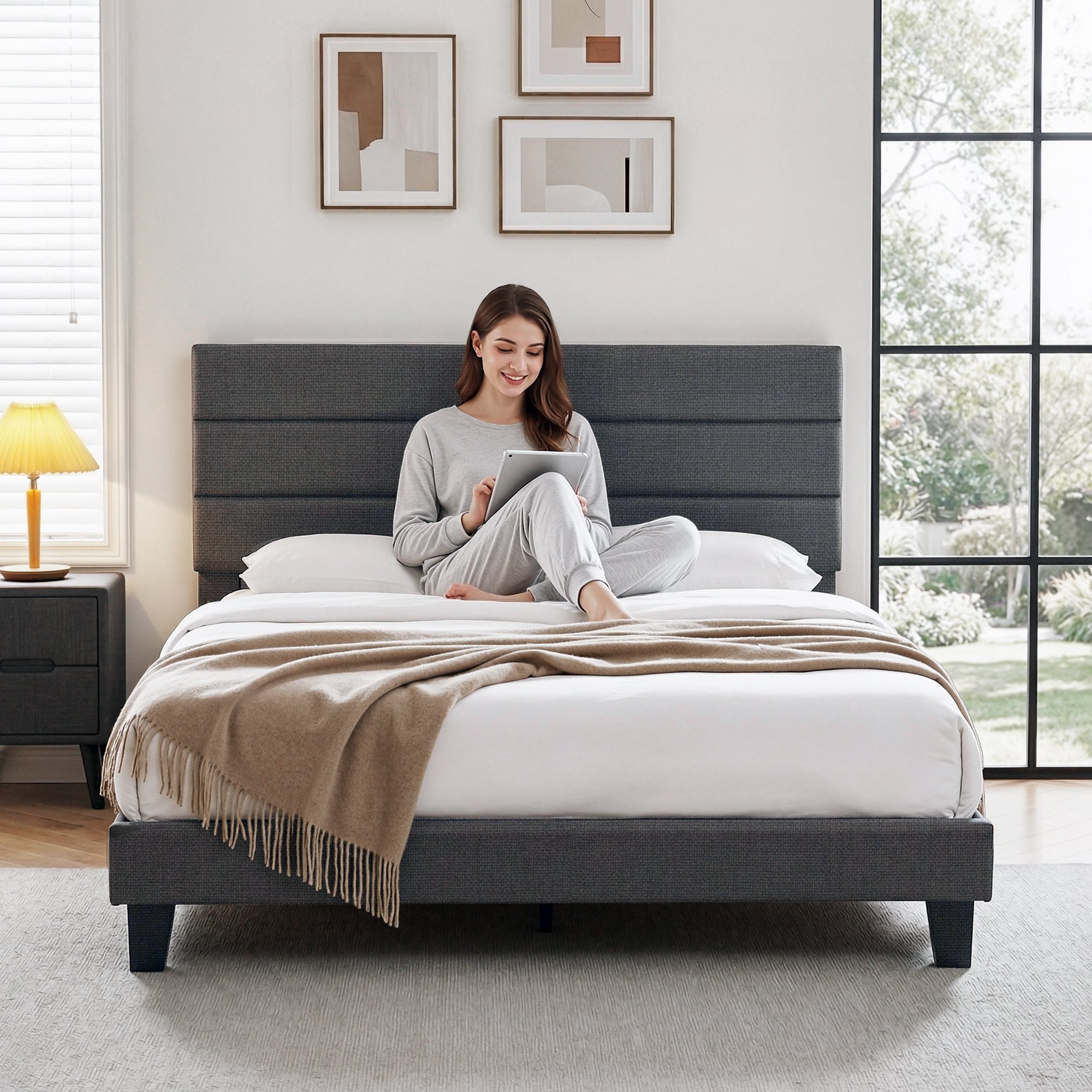Artiss King Bed Frame Upholstered Platform Base with Geometric Headboard Charcoal Grey Linen Wood Slats for Modern Bedroom Furniture Home Decor - Homecoze