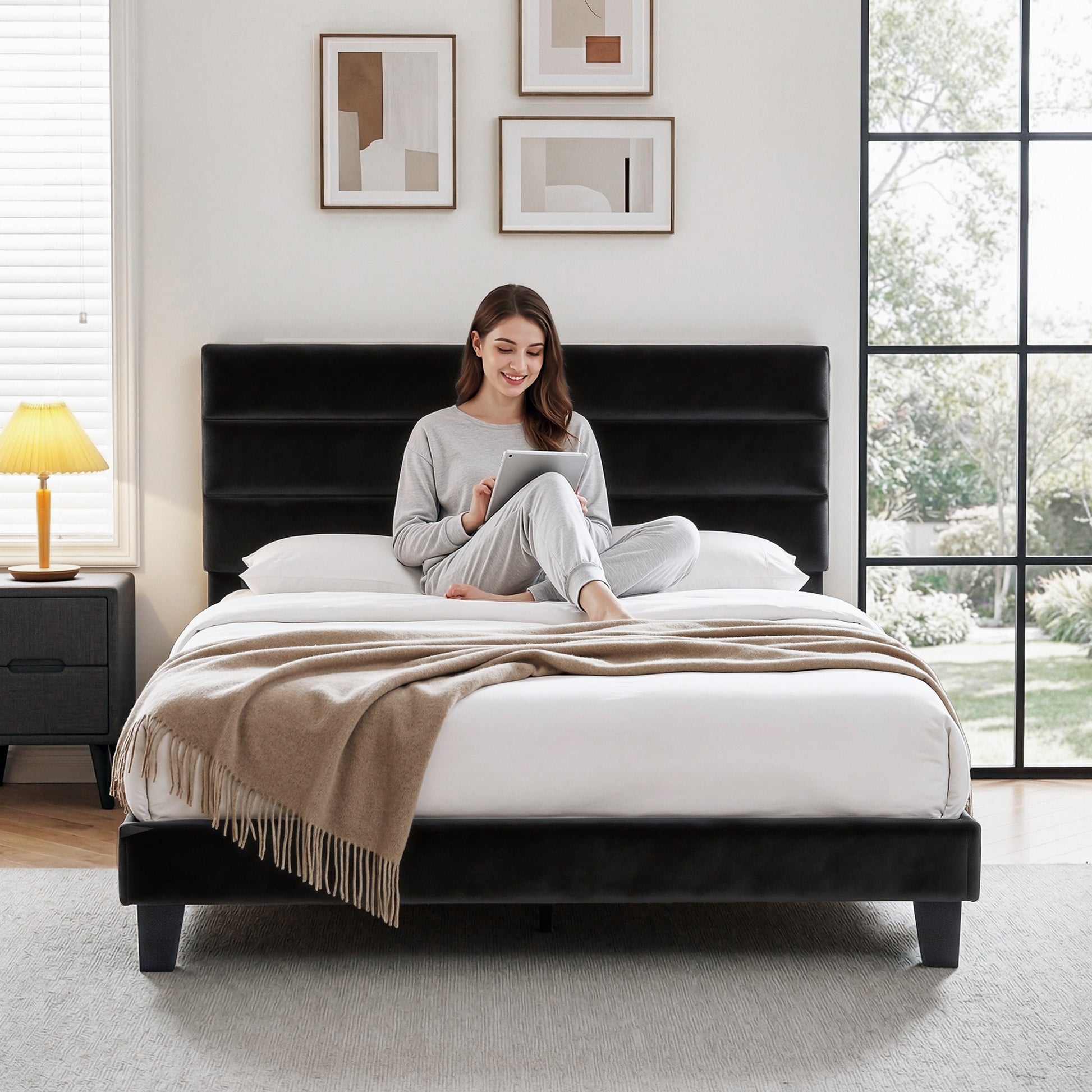Artiss Queen Bed Frame Upholstered Platform Base with Geometric Headboard Black Velvet - Homecoze