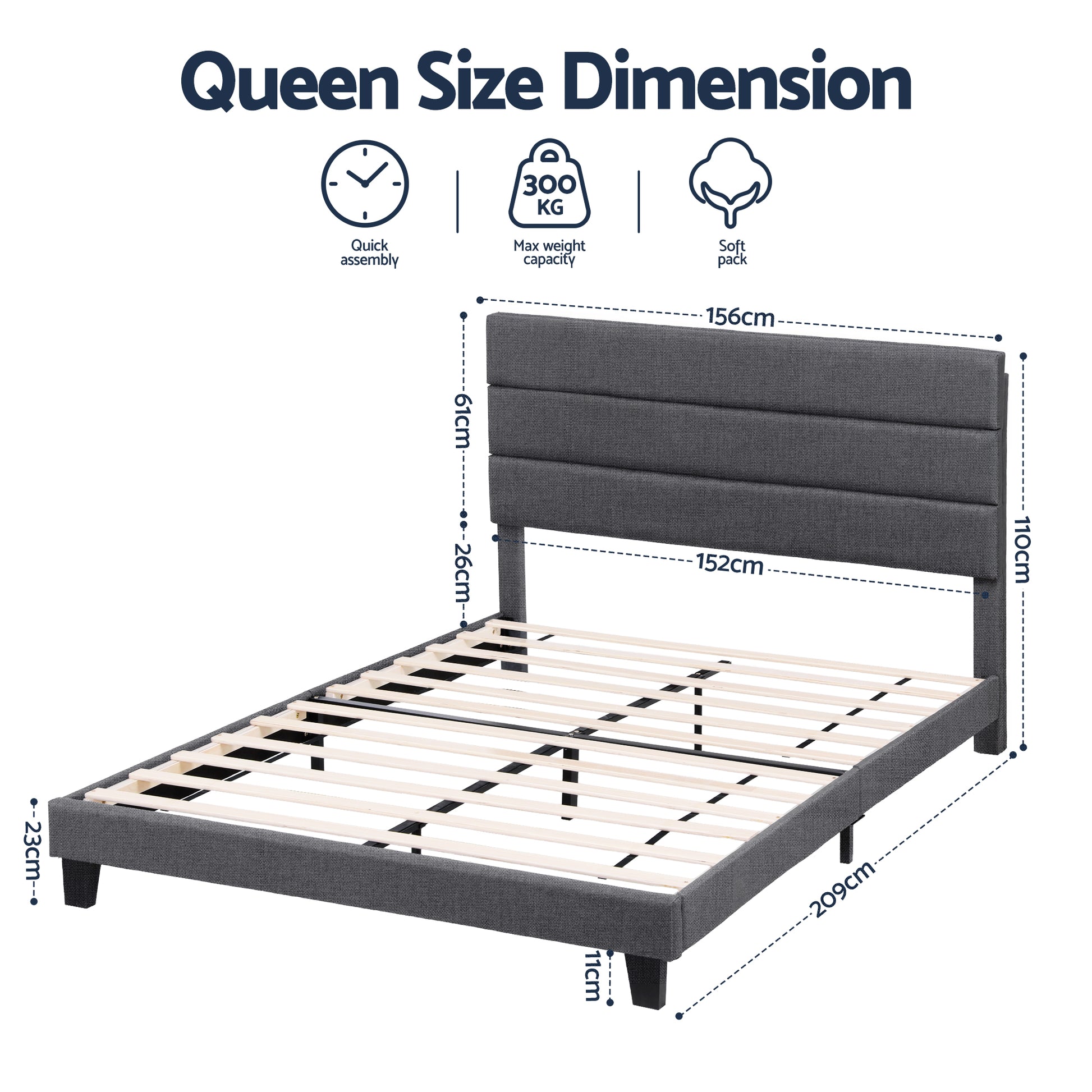 Artiss Queen Bed Frame Upholstered Platform Base with Geometric Headboard Charcoal Grey Linen Wood Slats for Modern Bedroom Furniture Home Decor - Homecoze