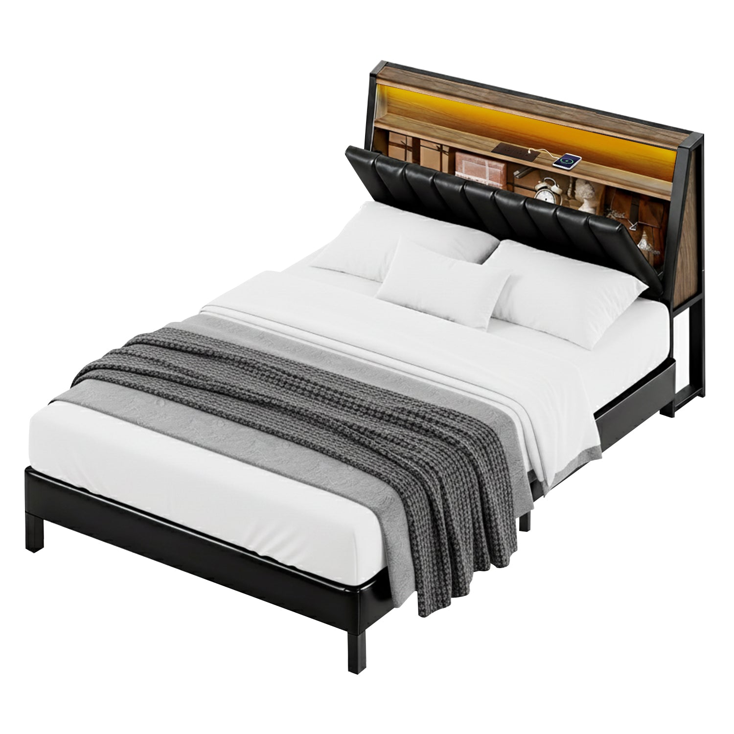 Artiss Double Bed Frame LED Storage Headboard with Charging Station Black - Homecoze