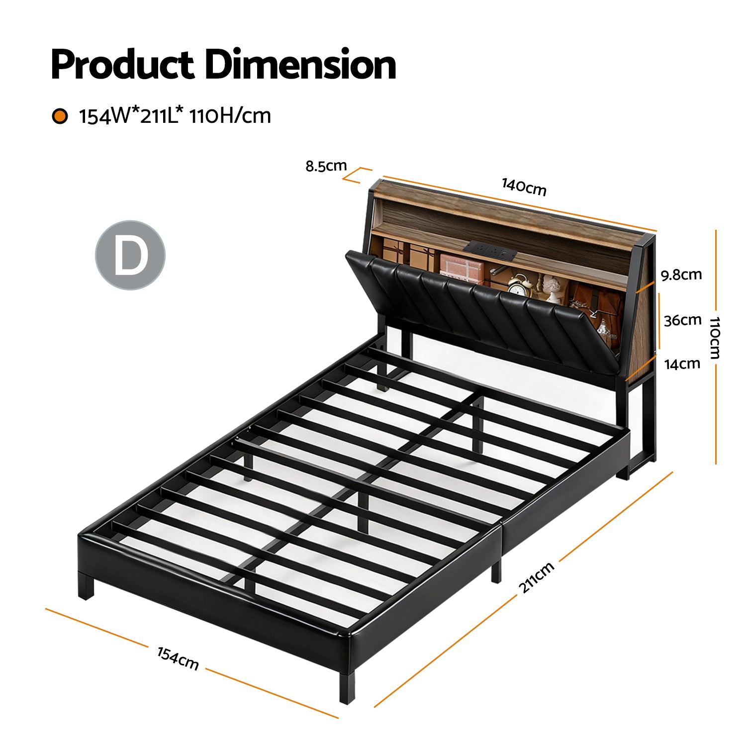 Artiss Double Bed Frame LED Storage Headboard with Charging Station Black - Homecoze