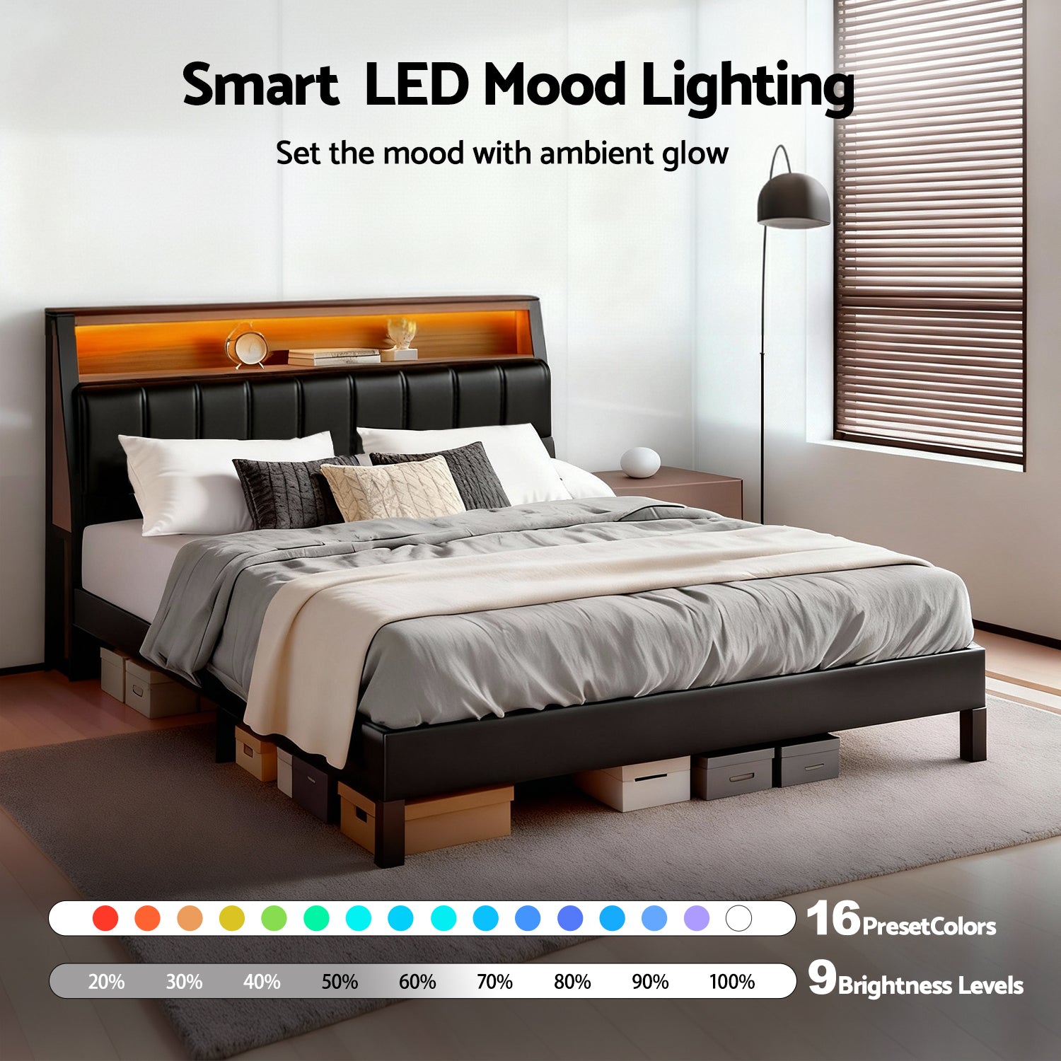 Artiss Double Bed Frame LED Storage Headboard with Charging Station Black - Homecoze