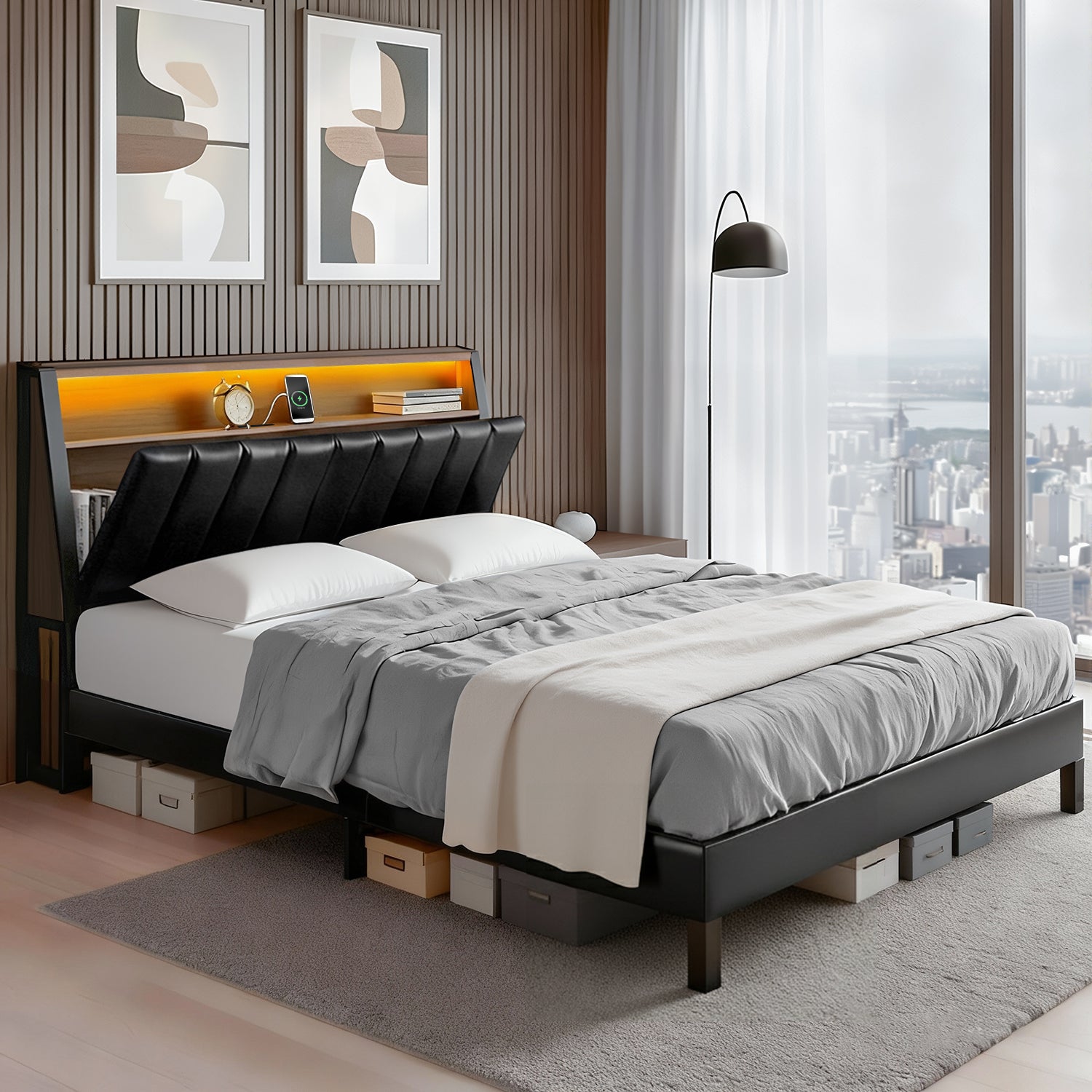 Artiss Double Bed Frame LED Storage Headboard with Charging Station Black - Homecoze