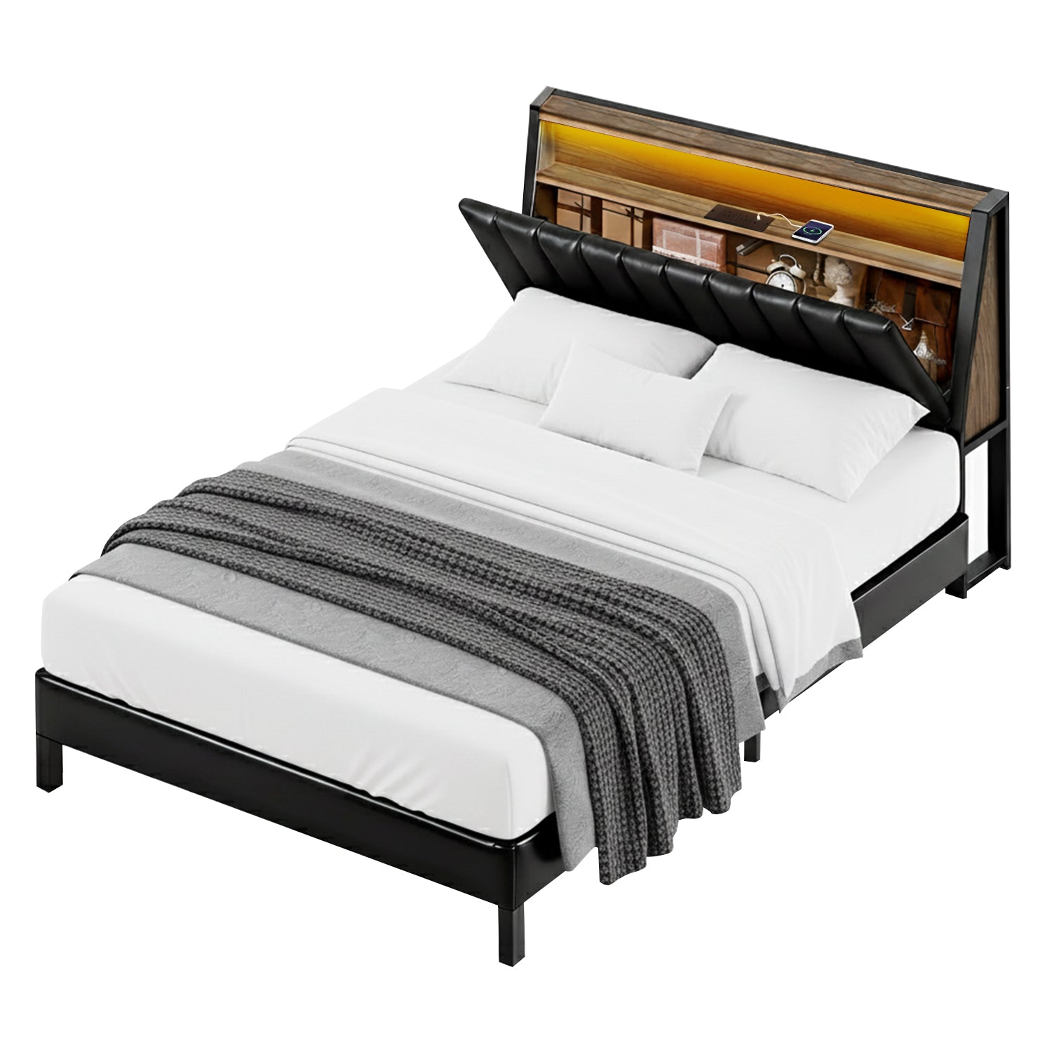 Artiss Queen Bed Frame LED Storage Headboard with Charging Station Black - Homecoze