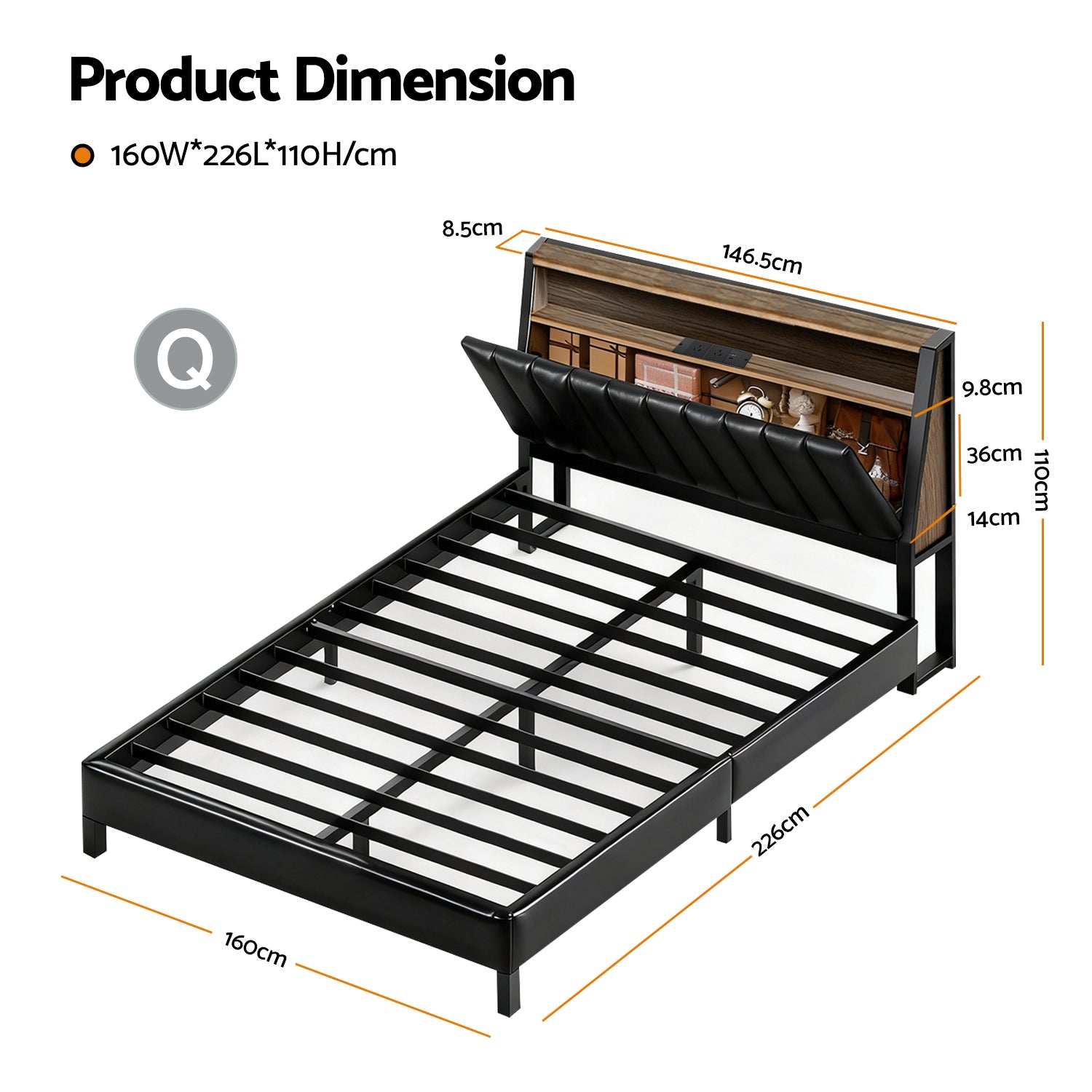 Artiss Queen Bed Frame LED Storage Headboard with Charging Station Black - Homecoze