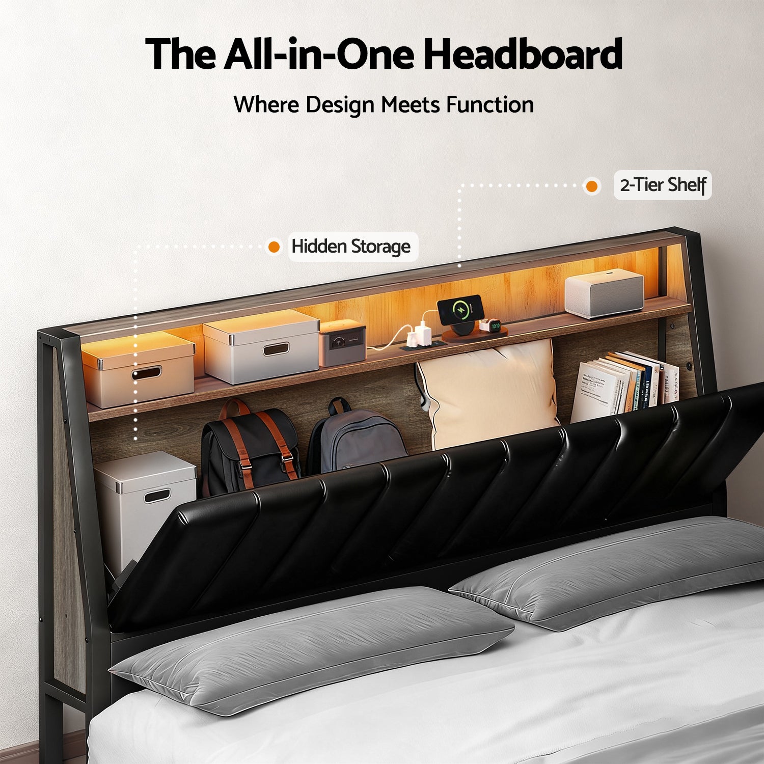 Artiss Queen Bed Frame LED Storage Headboard with Charging Station Black - Homecoze