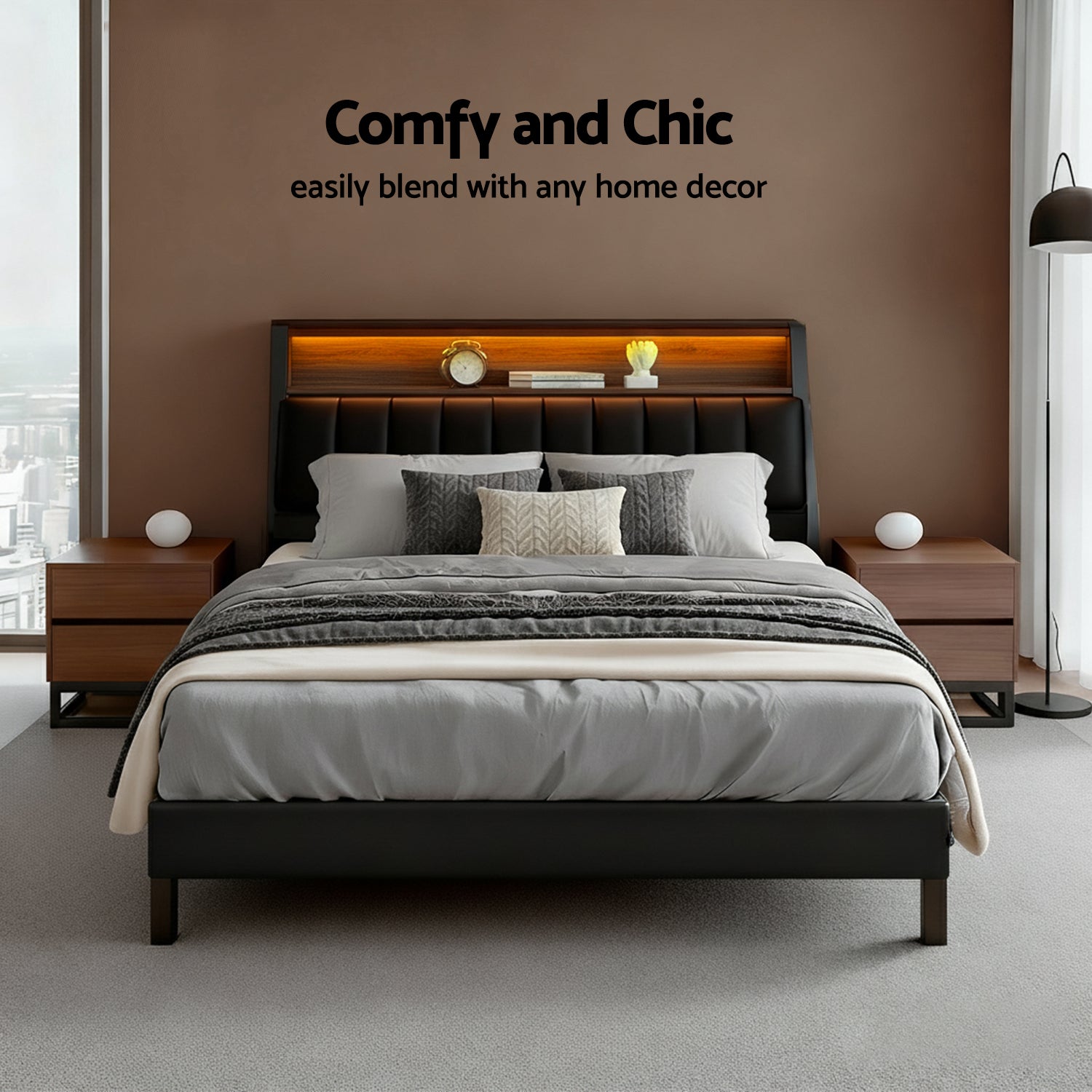 Artiss Queen Bed Frame LED Storage Headboard with Charging Station Black - Homecoze