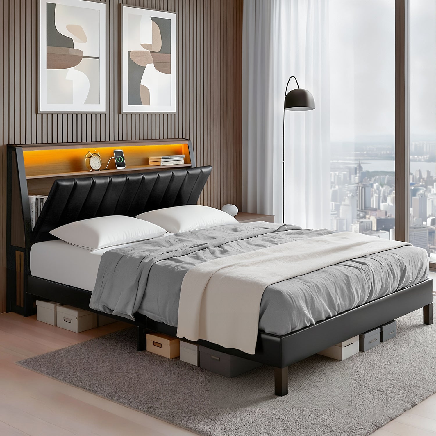 Artiss Queen Bed Frame LED Storage Headboard with Charging Station Black - Homecoze