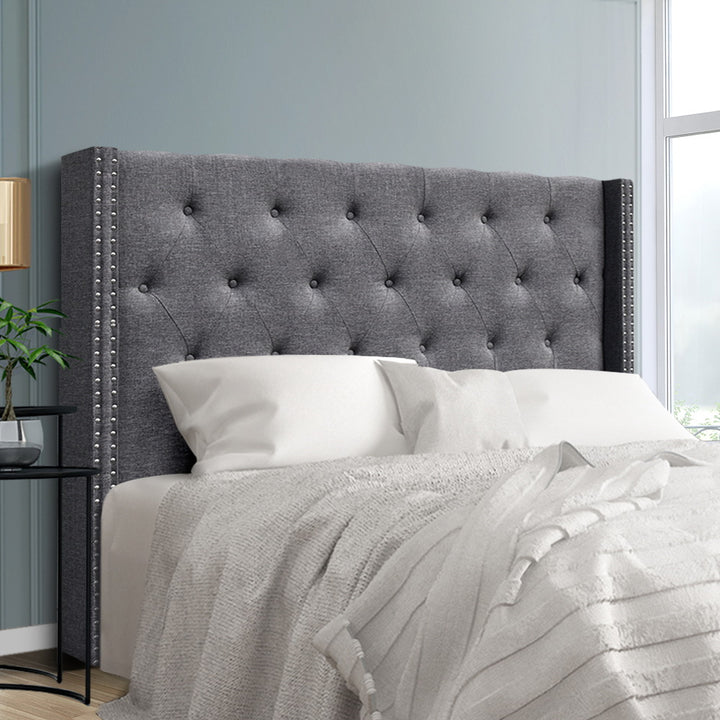 Camille (Queen) Linen-Look Winged Bedhead - Grey - Homecoze