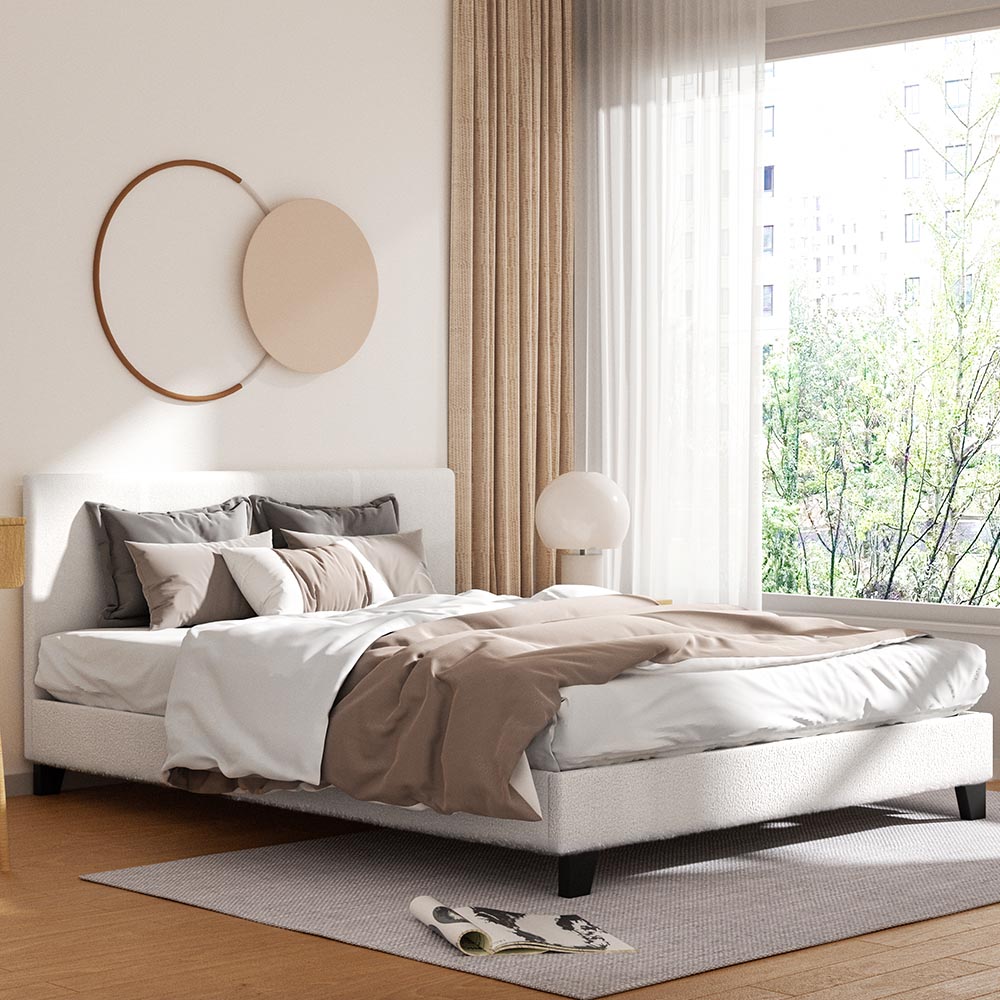 Monroe (Queen) Bouclé Bed Frame | Fabric - White - Homecoze
