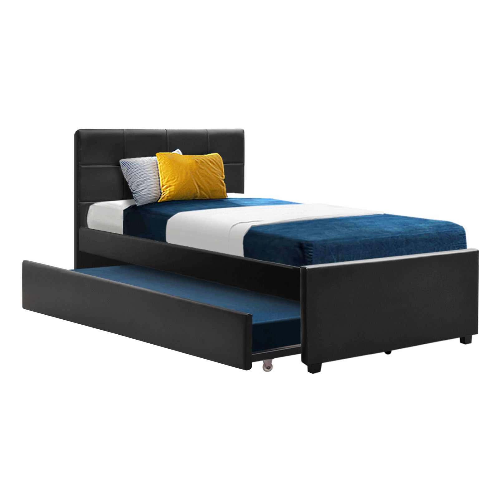 King Single Trundle Wooden Bed Frame - Black PU Leather - Homecoze