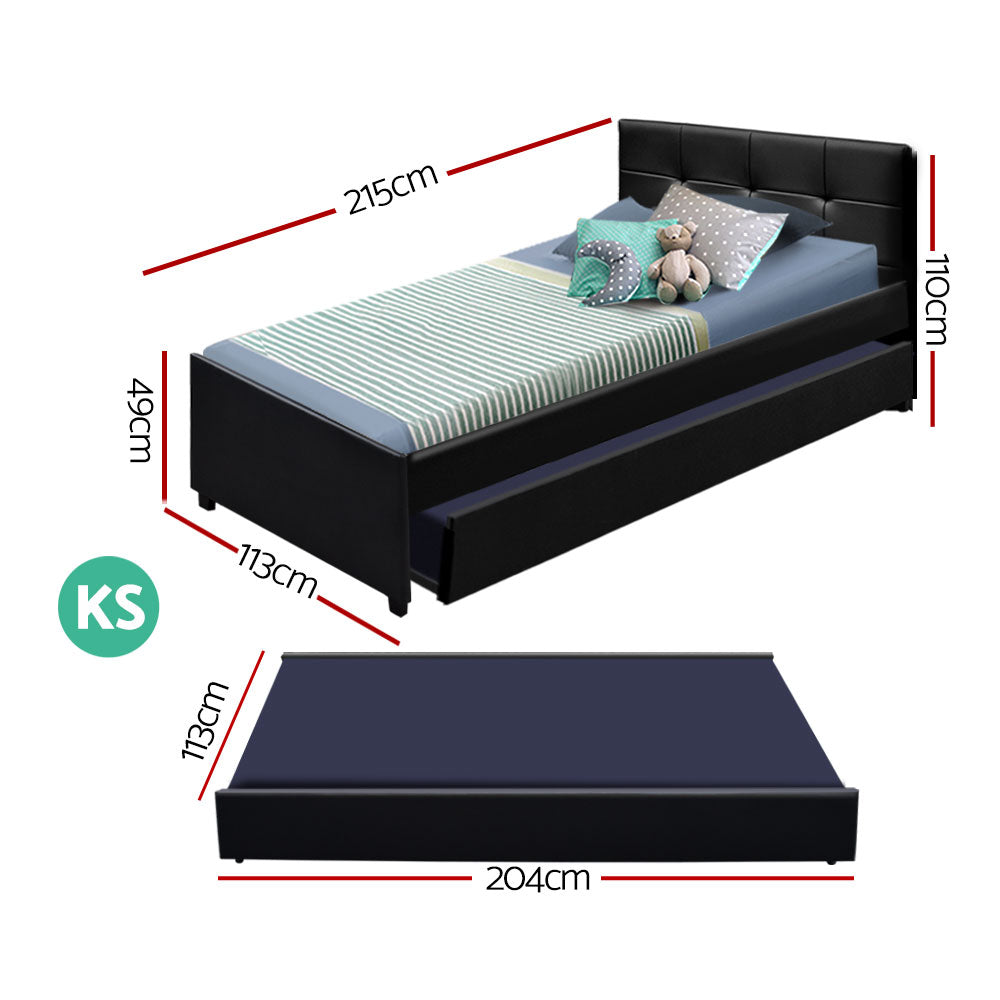 King Single Trundle Wooden Bed Frame - Black PU Leather - Homecoze