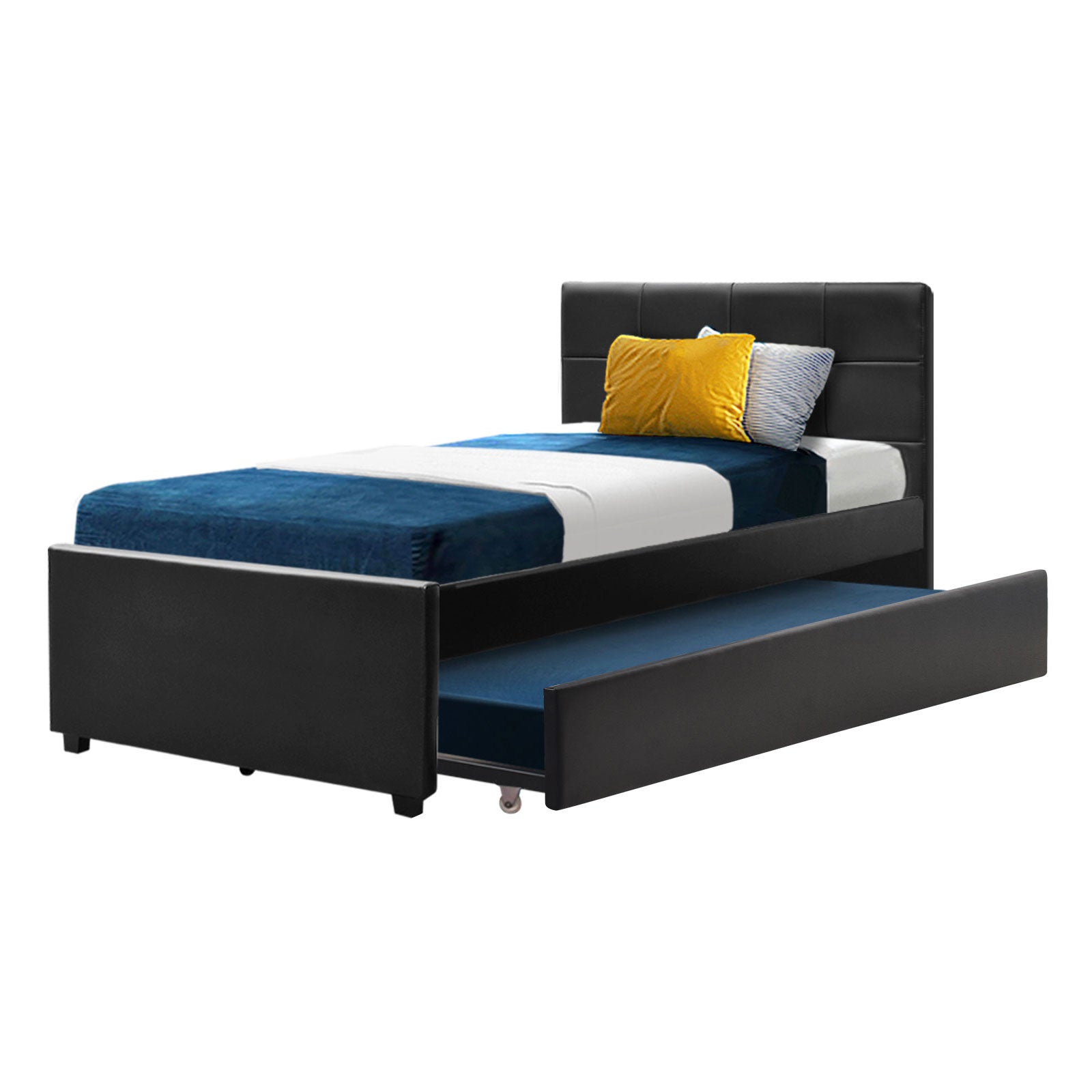 King Single Trundle Wooden Bed Frame - Black PU Leather - Homecoze